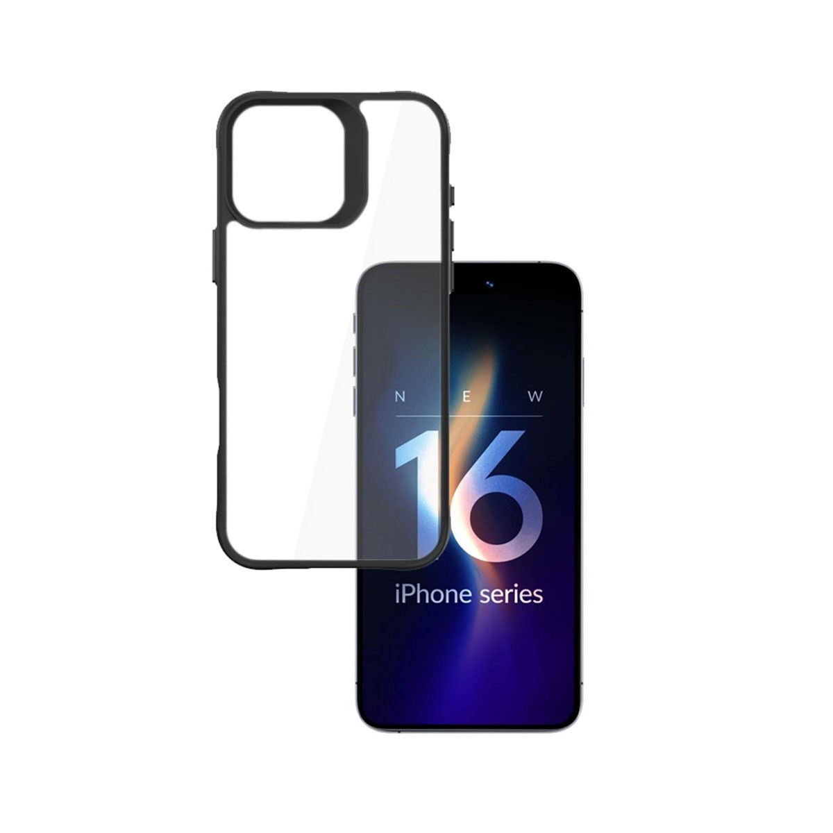 Un mockup di iPhone 16. Una custodia trasparente sul telefono. Lo schermo mostra il testo 'iPhone series'.
