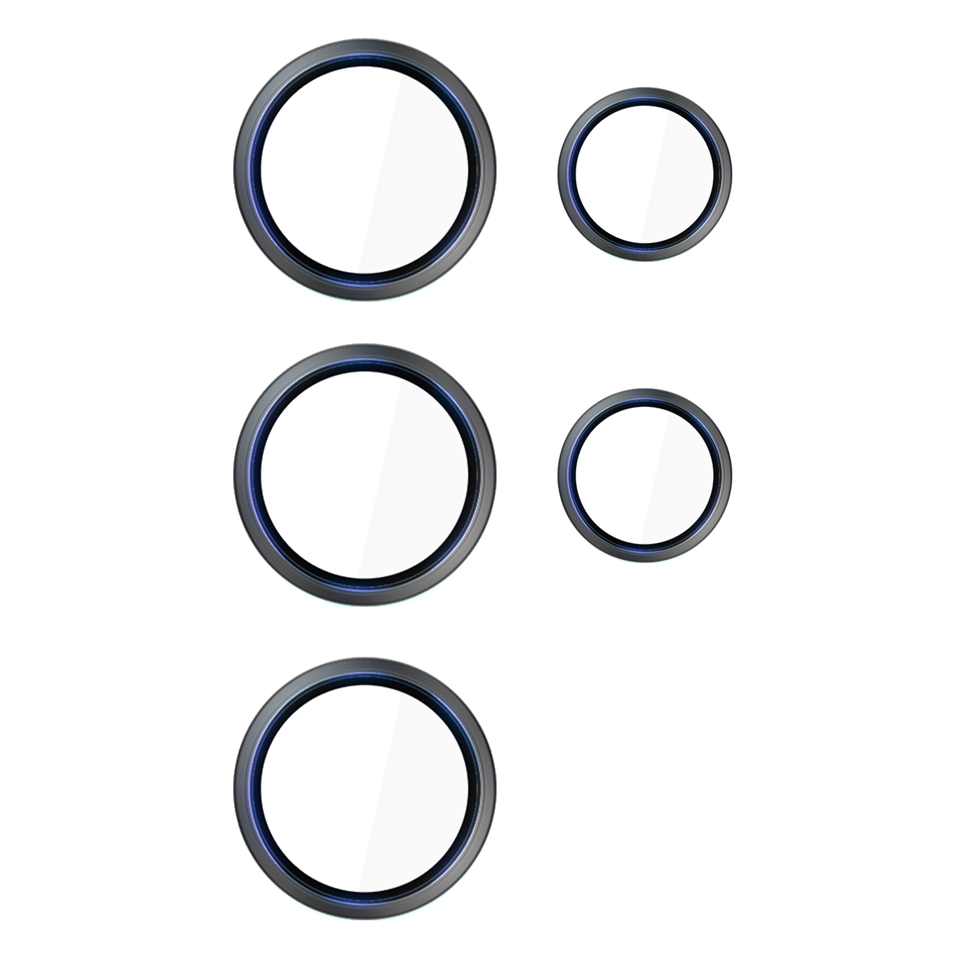 Protezioni per lenti della fotocamera in varie dimensioni. Le lenti sono circolari con un bordo scuro.