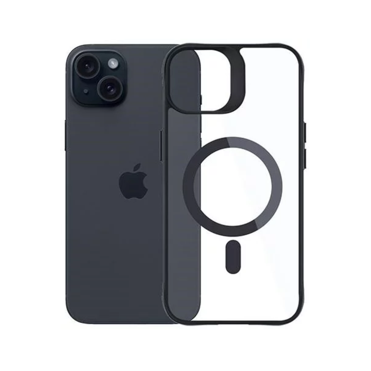 Ciemnoszary iPhone z przezroczystym etui. Etui ma czarny pierścień i kropkę.