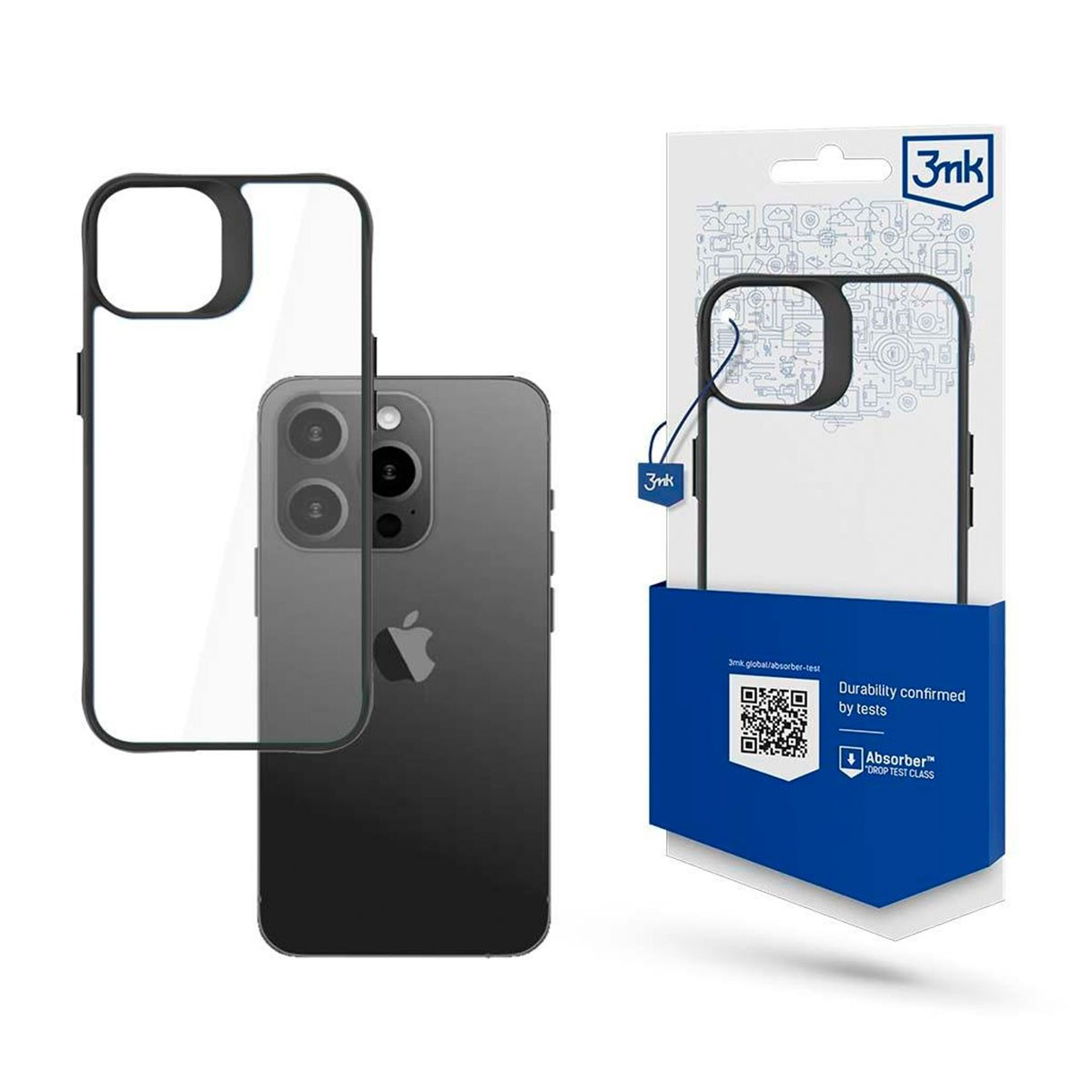 Custodia e telefono neri e confezione con custodia trasparente.