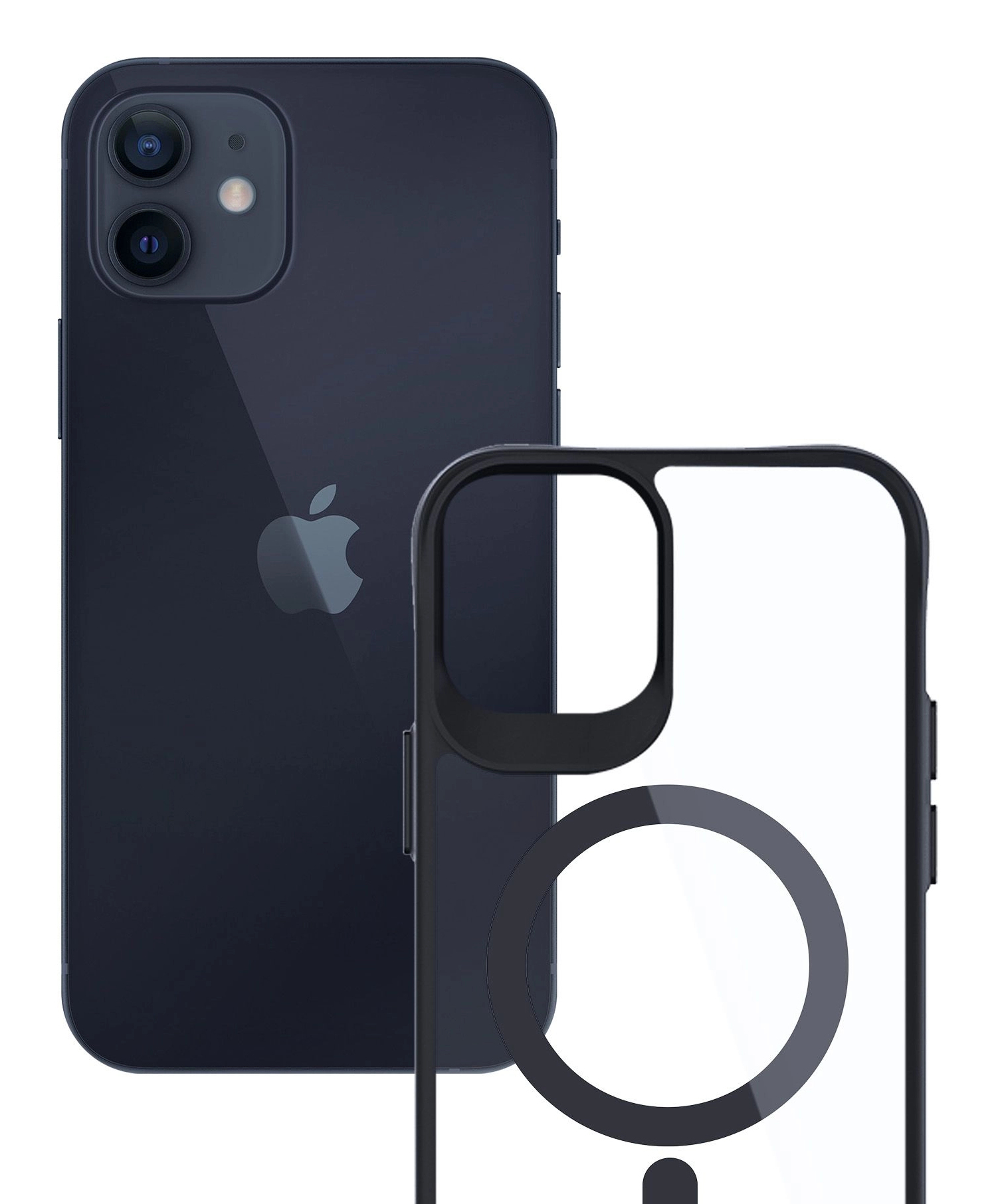 Czarny iPhone z etui na plecach. Etui jest przezroczyste z czarnym kołem.