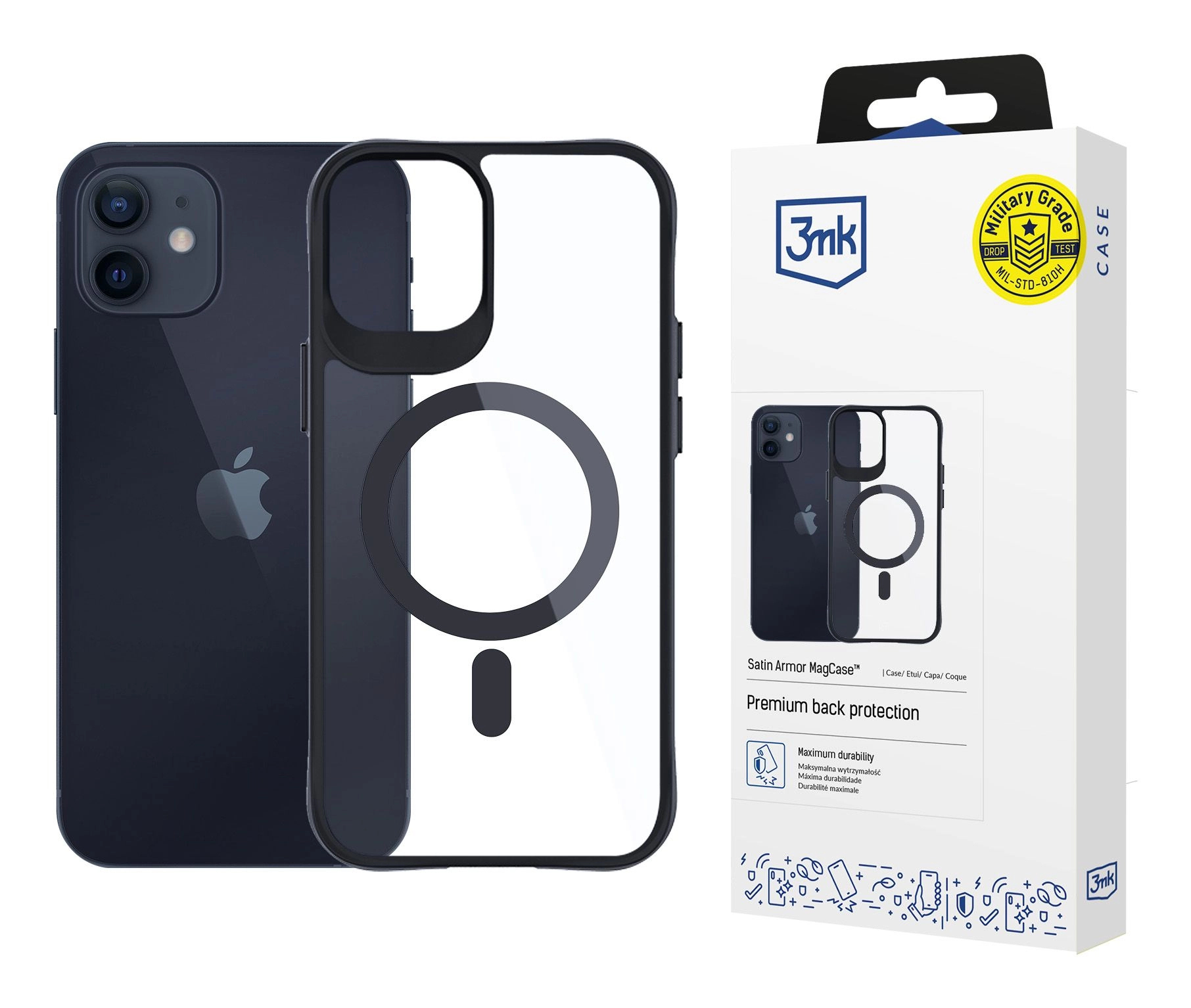 Czarny iPhone z etui i pudełkiem ze zdjęciem etui.