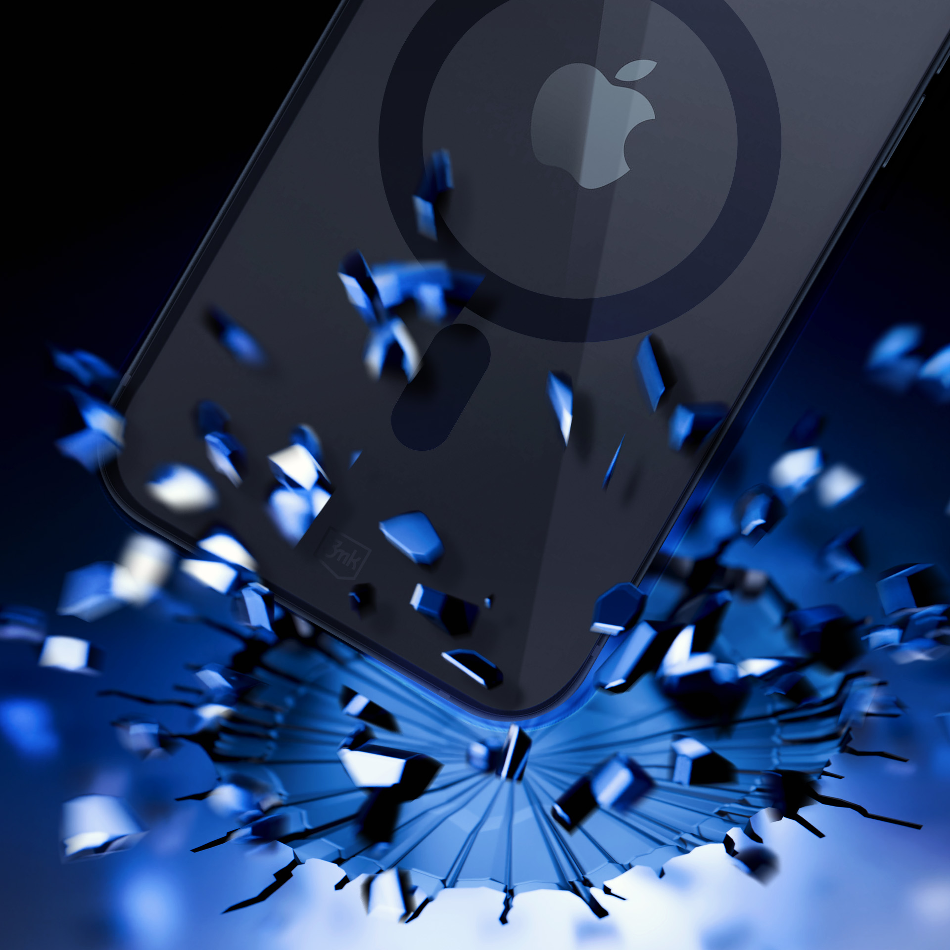 Etui na telefon rozpada się. Niebieskie odłamki rozchodzą się.