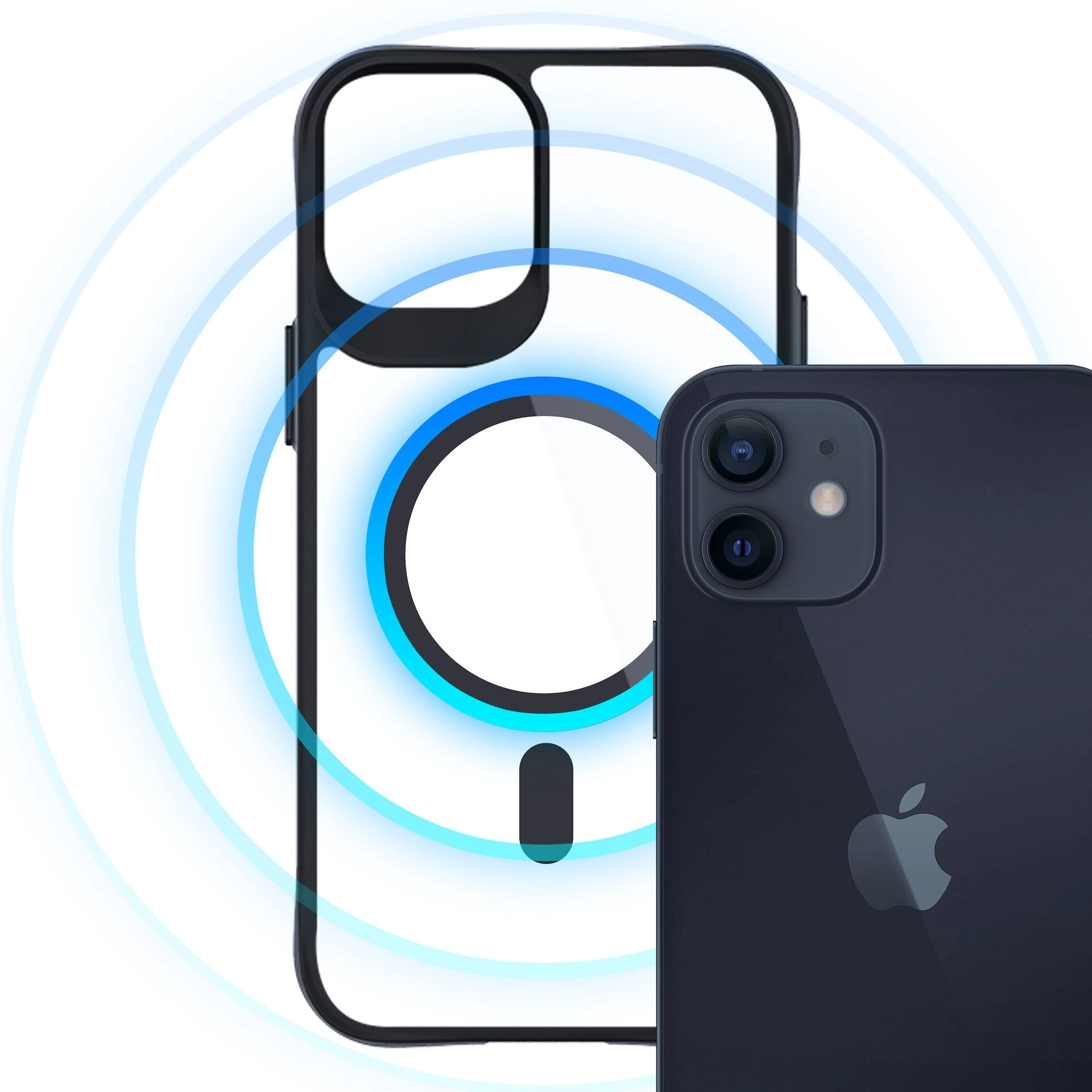Czarny iPhone z przezroczystym etui. Etui ma czarną obwódkę i okrąg MagSafe.