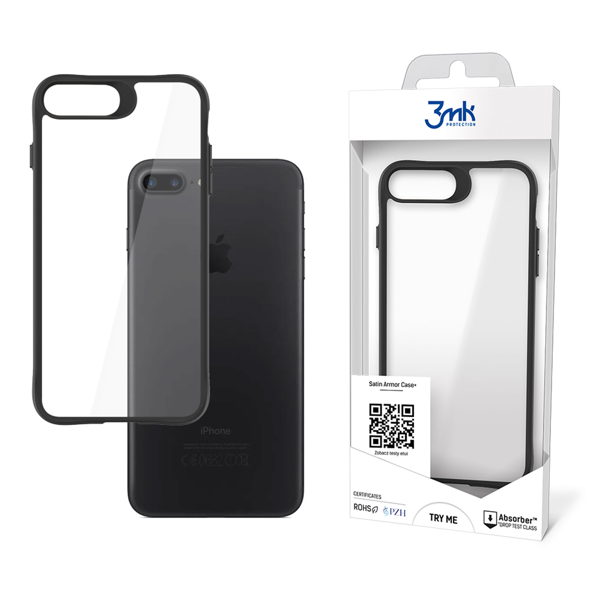 Czarny iPhone z przezroczystym etui i pudełkiem z etui.