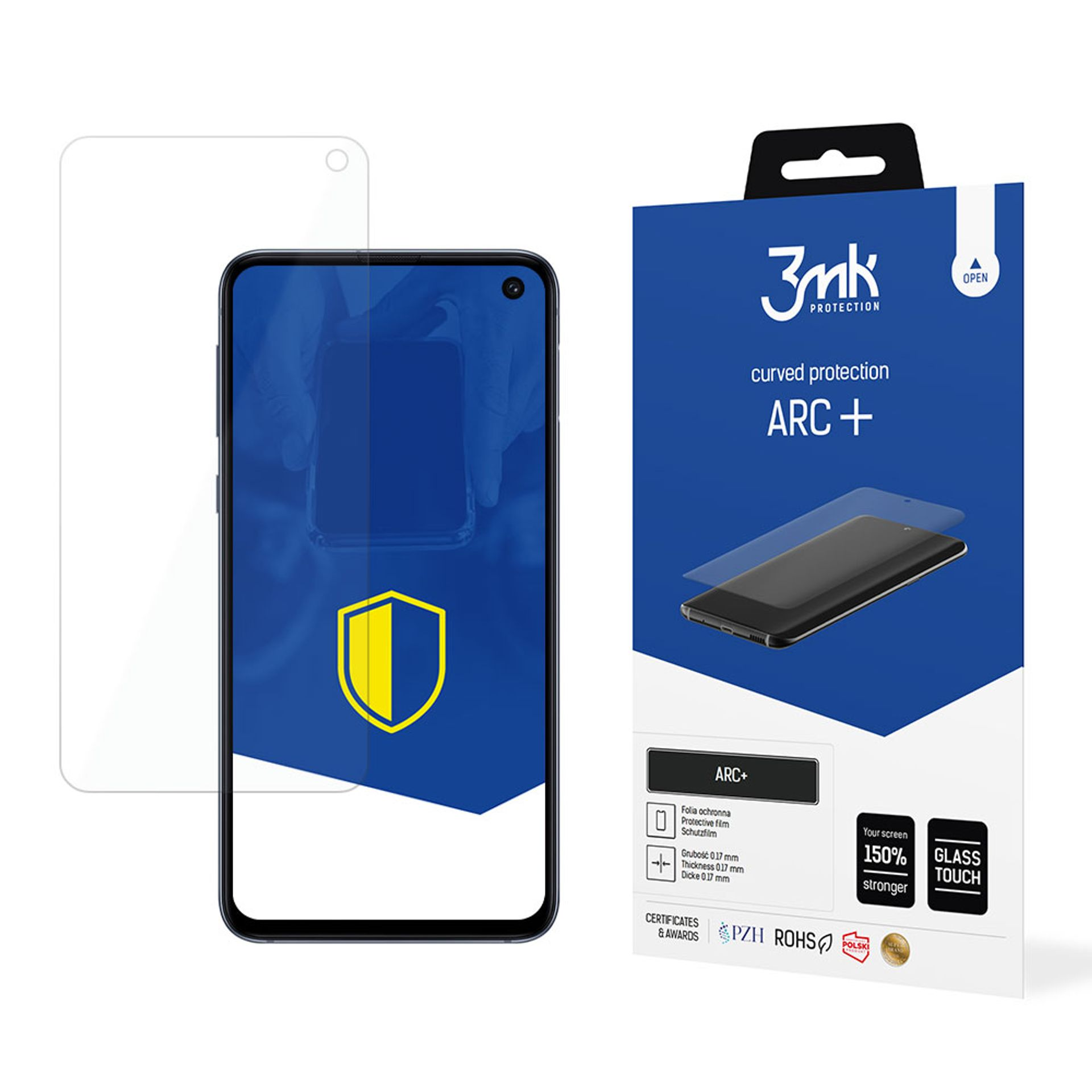 Vengono mostrati una protezione per lo schermo del telefono e la confezione. Il telefono visualizza uno schermo blu con uno scudo giallo al centro.