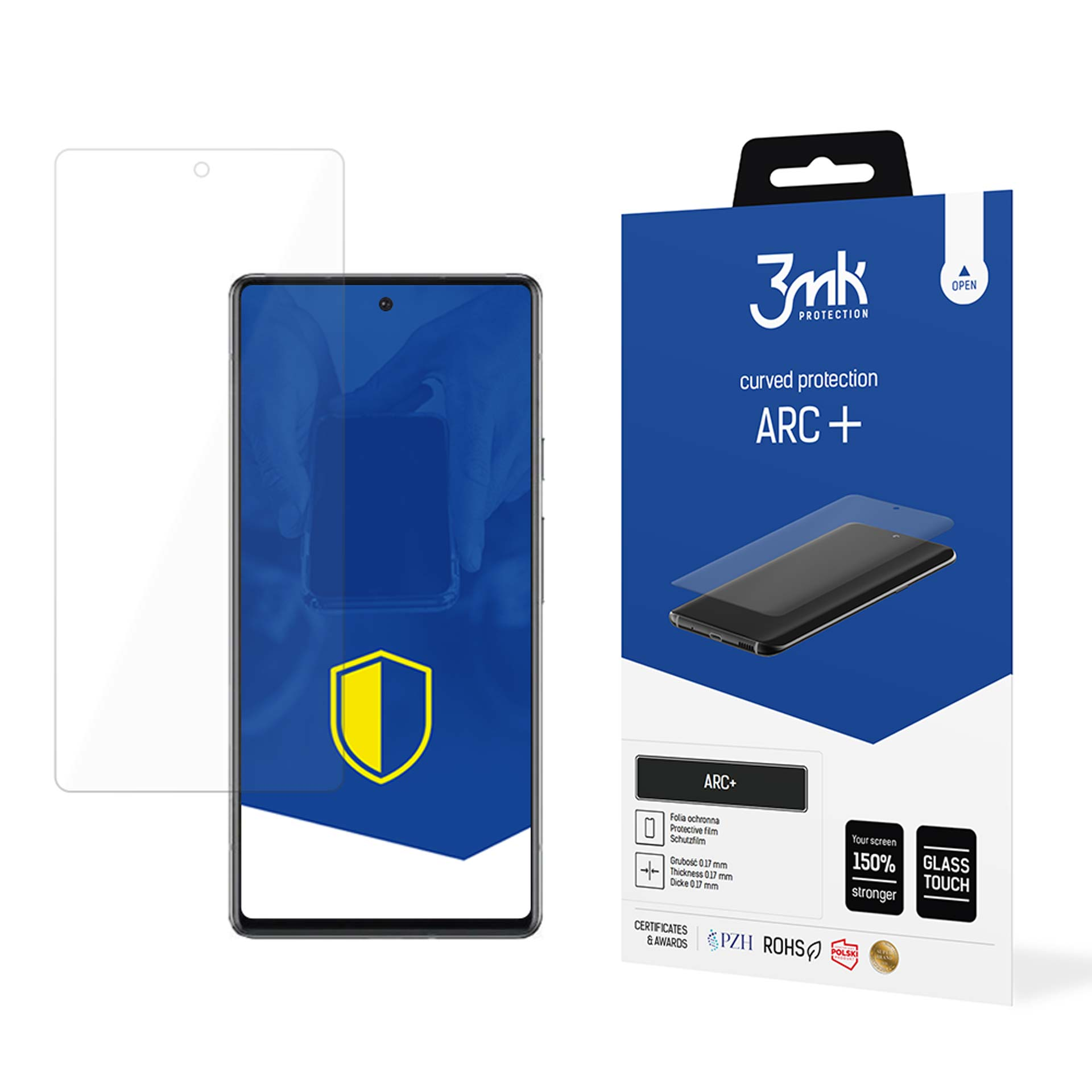Telefono, protezione schermo e scatola. Lo schermo mostra uno scudo giallo e blu.