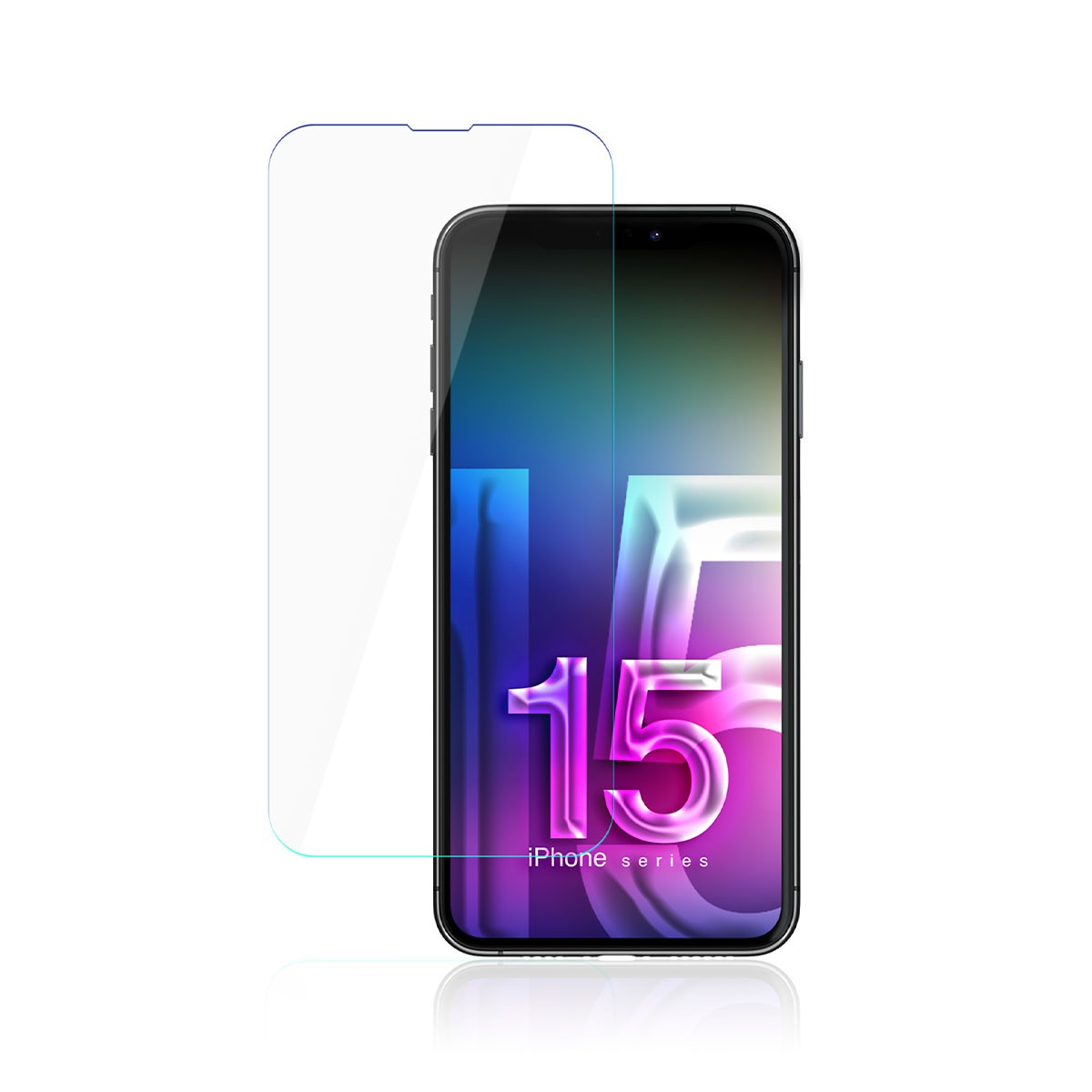 Una protezione per lo schermo del telefono è accanto a un telefono. Il telefono visualizza uno schermo blu con il numero 15.