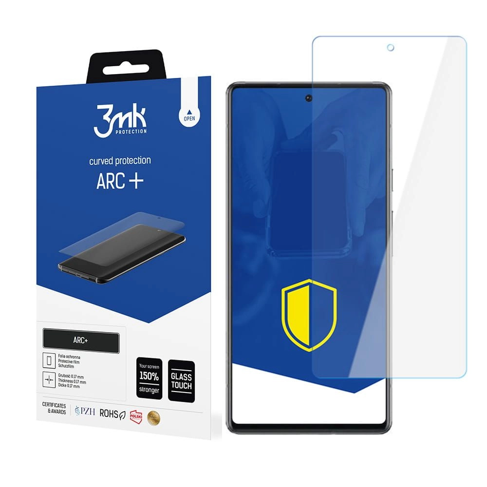 Telefono, protezione schermo e scatola. Lo schermo ha un'icona a scudo giallo e blu.