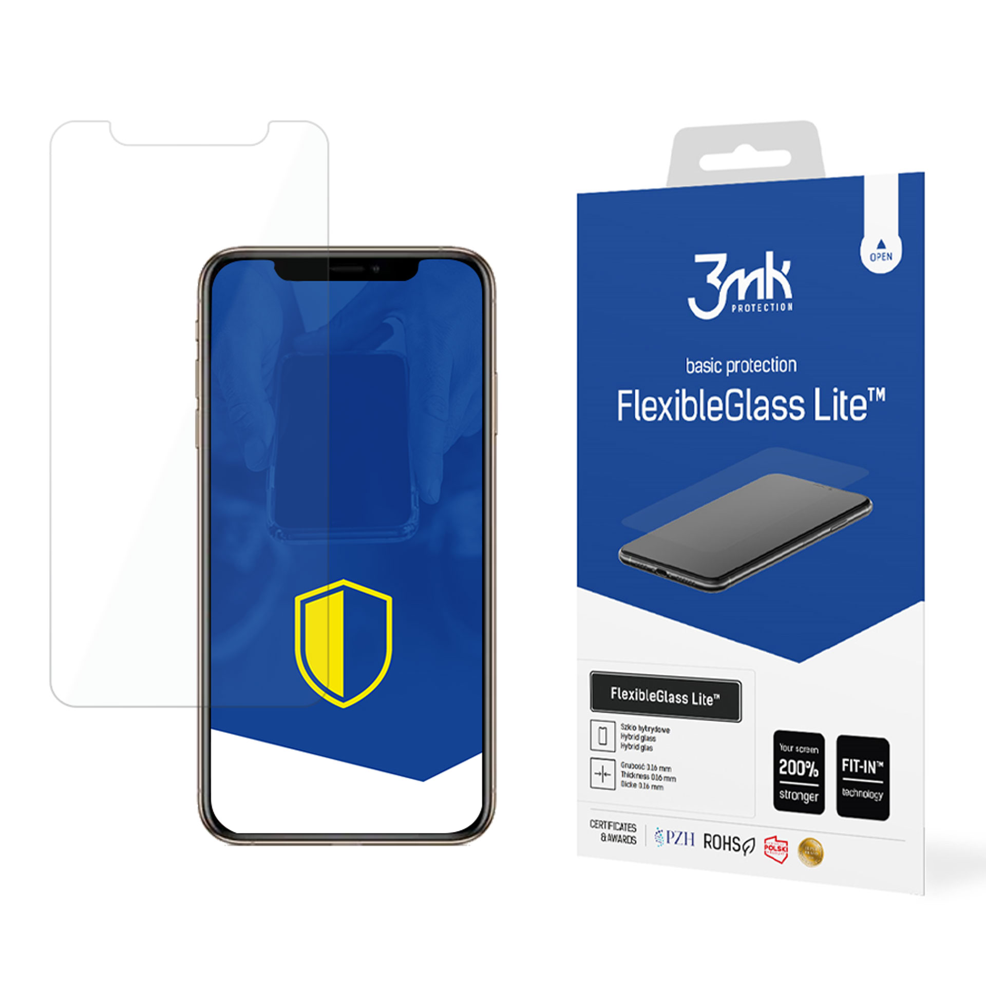 Un telefono con protezione schermo e una scatola. Il telefono mostra uno scudo giallo.