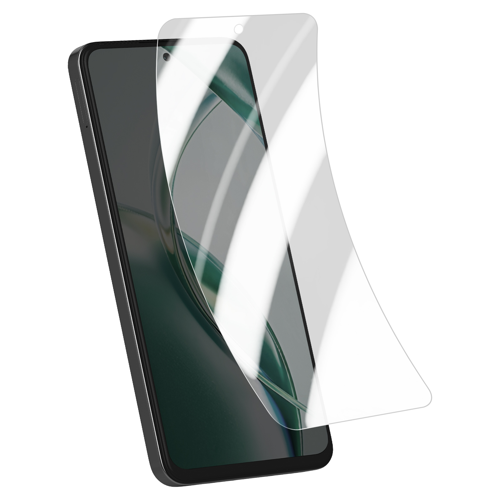 Telefono con protezione schermo. La protezione è leggermente staccata dal telefono. Il telefono è angolato.