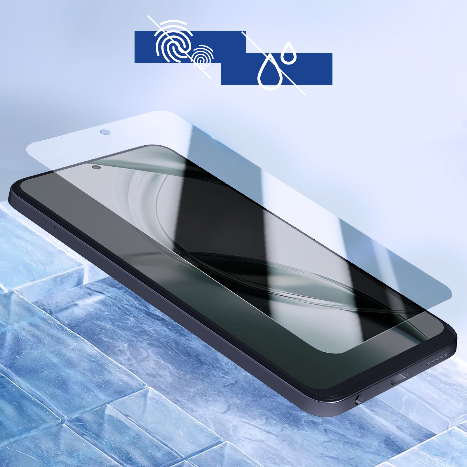 Un telefono con protezione schermo e una scatola, con un simbolo di impronta digitale e goccia d'acqua.
