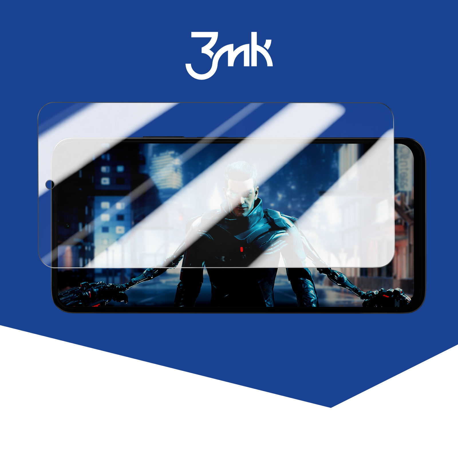 Smartphone con protezione schermo applicata, che mostra un paesaggio urbano futuristico e una figura con armi. Logo 3mk sopra.