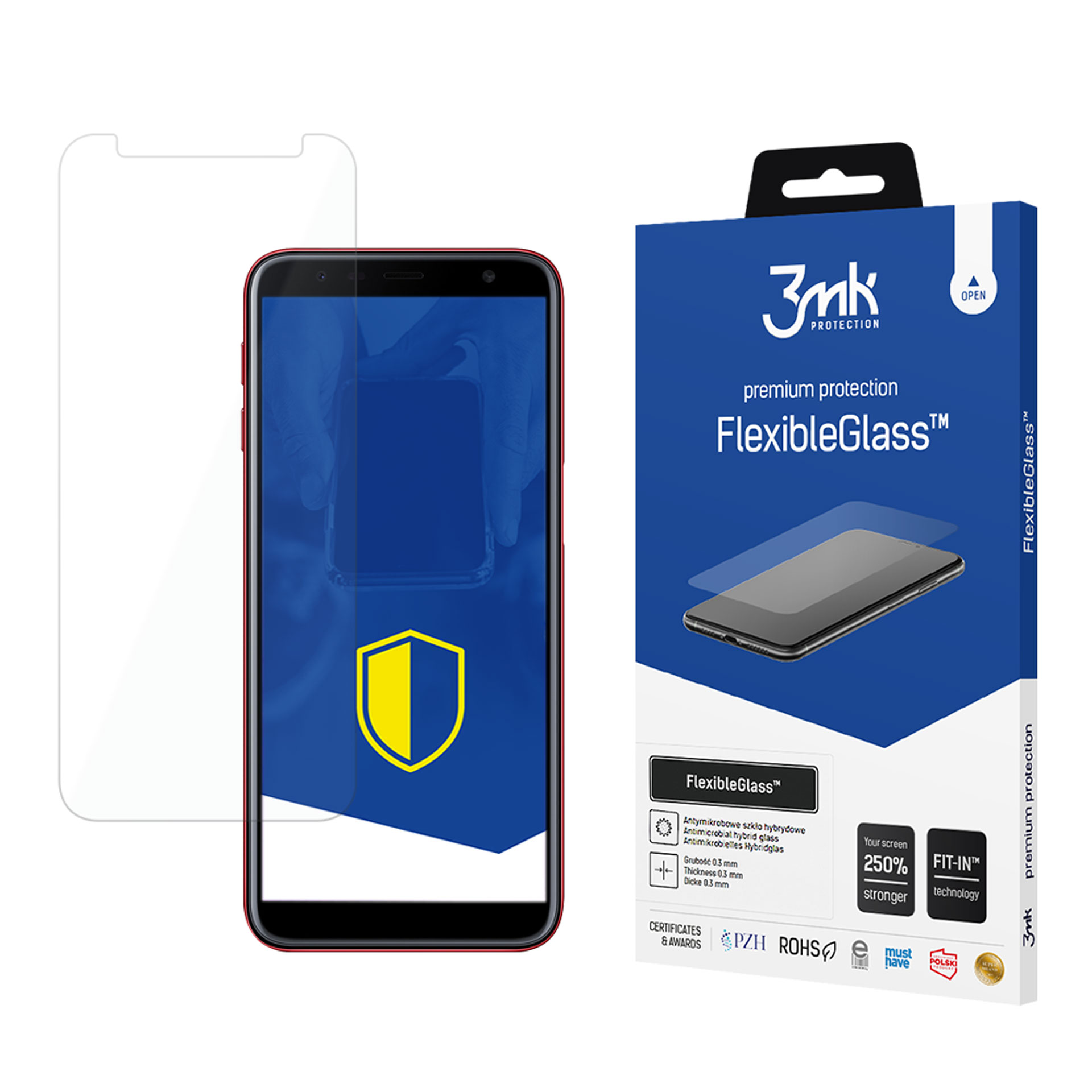 Telefono con protezione schermo e scatola del prodotto. Il telefono ha una cornice rossa e uno scudo giallo e blu.