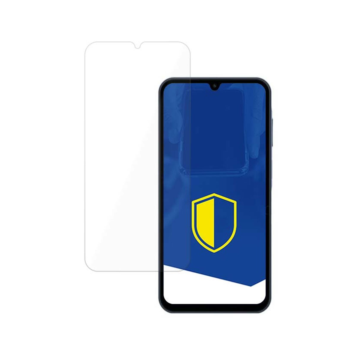 Telefono con protezione schermo. Il telefono ha uno scudo giallo e blu sullo schermo.