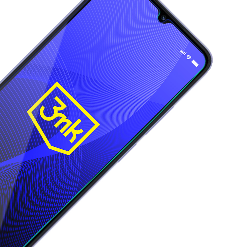 Primo piano di uno schermo del telefono con grafica blu, logo, barra del segnale e angolo.
