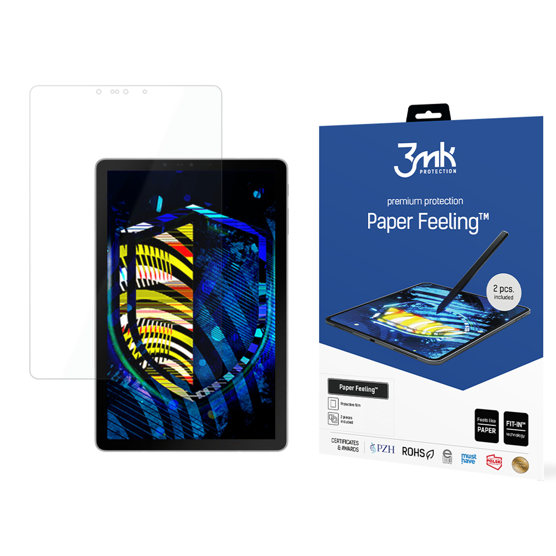 Ein Tablet, Displayschutz und Verpackung sind abgebildet. Die Verpackung enthält Produktinformationen.