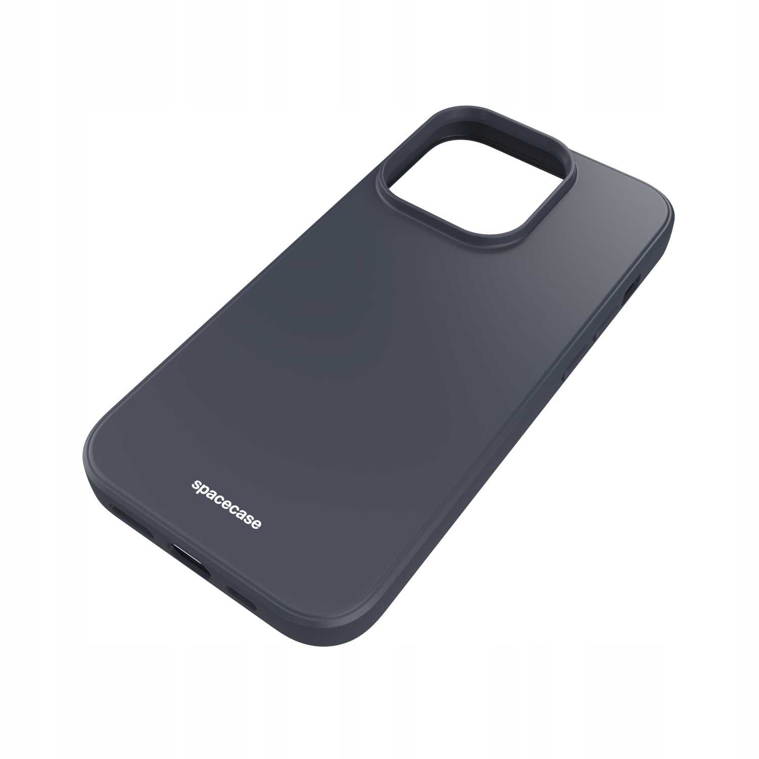 Ciemnoniebieskie etui na telefon z marką spacecase. Etui leży na białej powierzchni. Etui ma zaokrąglone krawędzie.