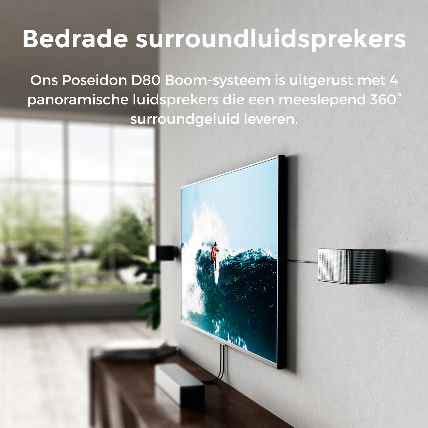 Telewizor pokazuje surfera na fali. Głośniki zamontowane na ścianie, a nagłówek brzmi 'głośniki'.