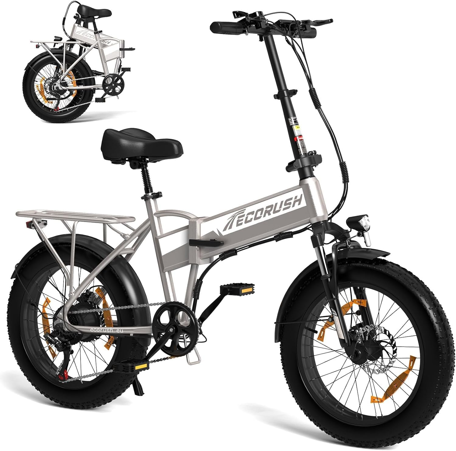 Bicicleta eléctrica plateada y negra. La bicicleta está sobre un fondo blanco. El texto dice Ecorush. Se muestra una versión más pequeña.