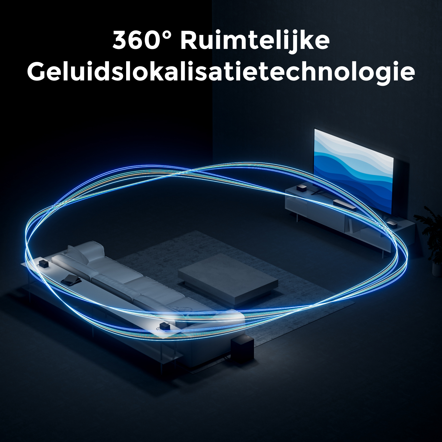 Een kamer met een bank, een salontafel en luidsprekers. Blauwe lijnen tonen de geluidslokalisatietechnologie.