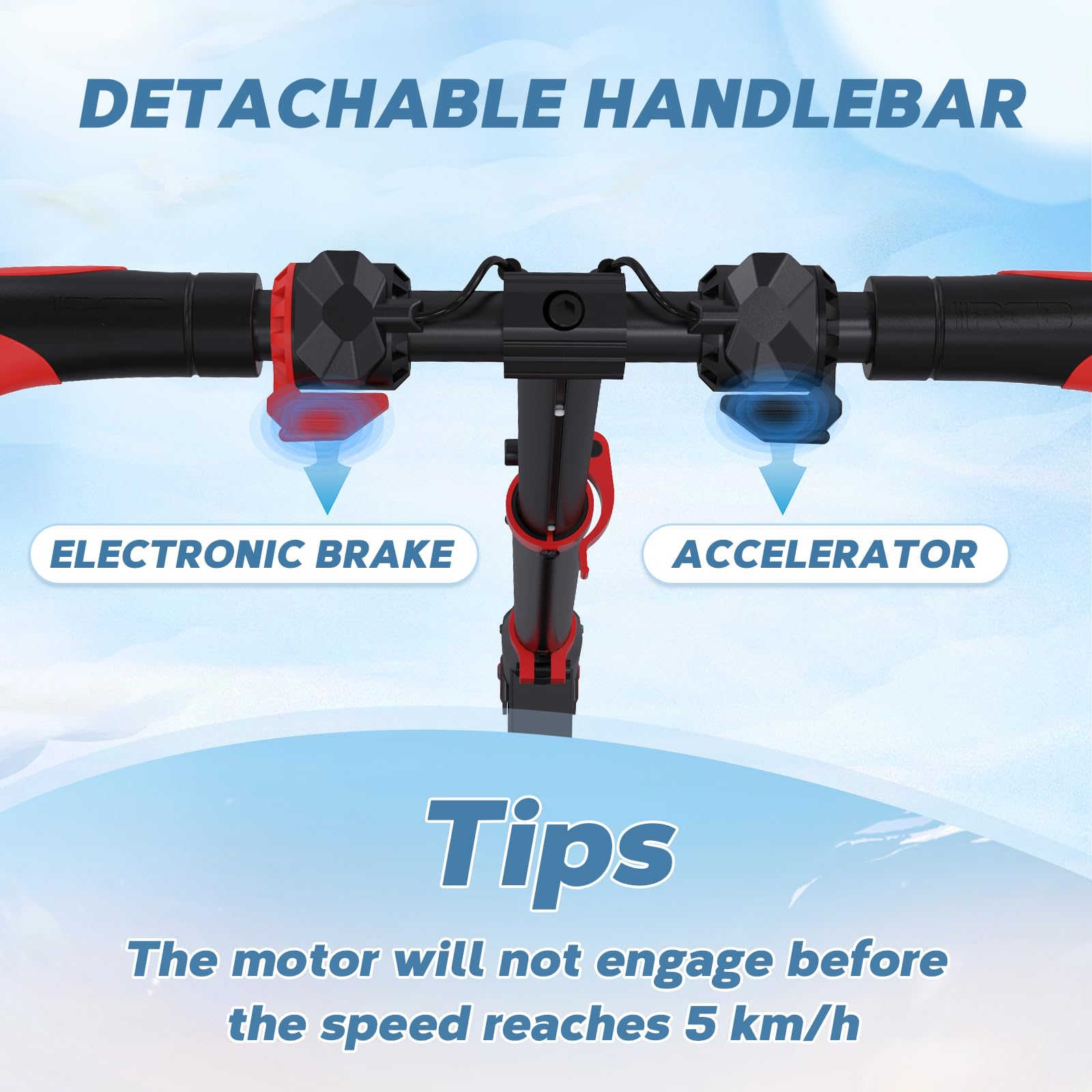 Odłączana kierownica hulajnogi z elektronicznym hamulcem i akceleratorem. Niebieskie tło.