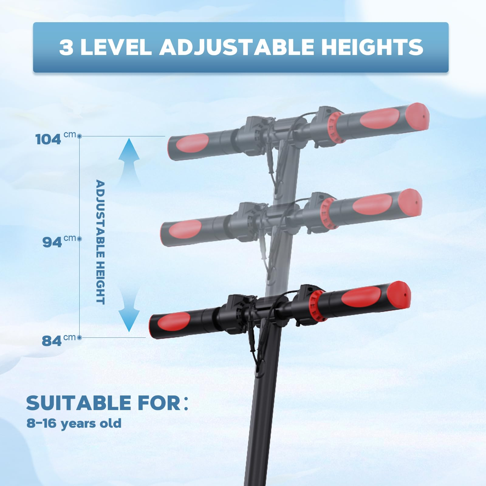 Kierownica hulajnogi z regulowaną wysokością. Odpowiednia dla dzieci w wieku 8-16 lat.