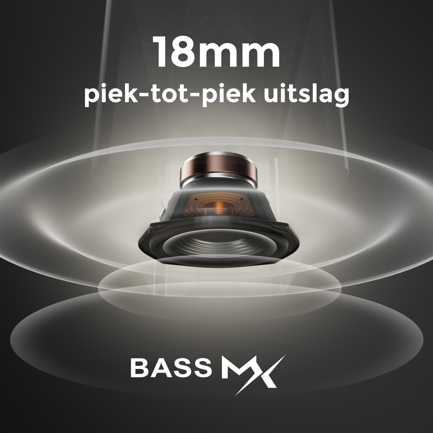 Gros plan sur un composant d'enceinte avec les mots BASS MX. Effet de lumière blanche.