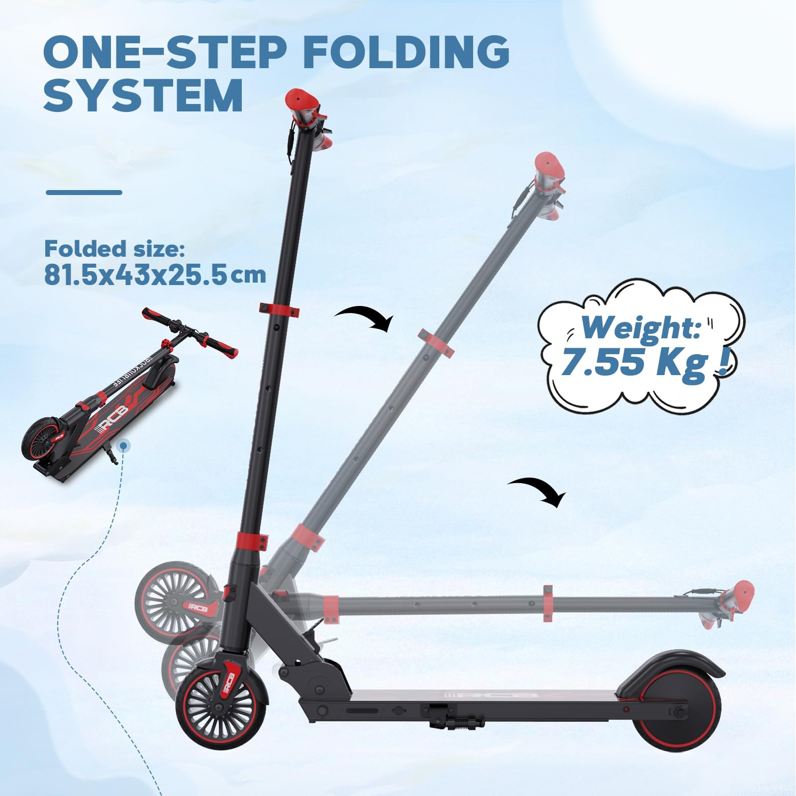 Hulajnoga w trakcie składania. Pokazuje złożony rozmiar i wagę 7,55 kg.