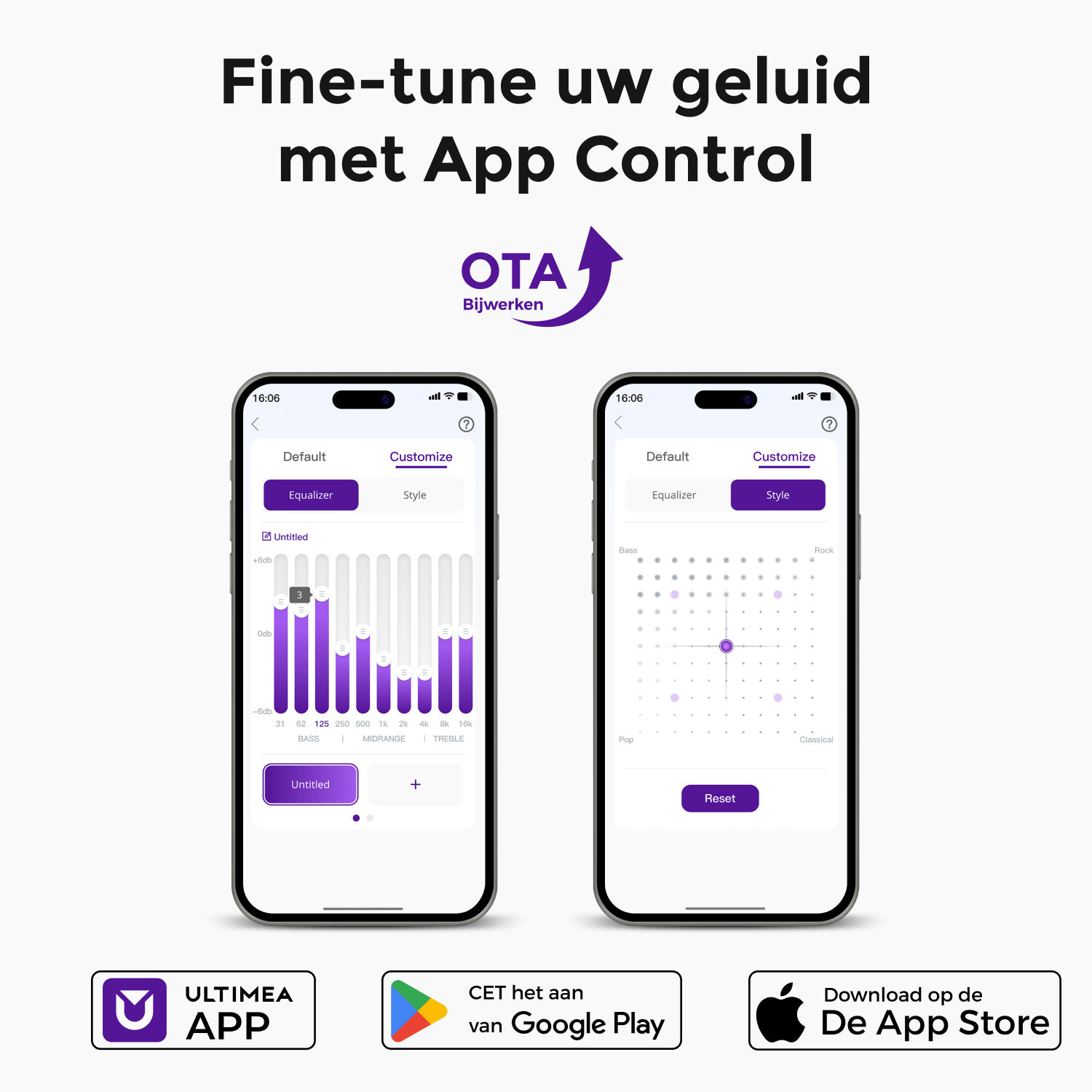 Deux téléphones affichent les paramètres de contrôle de l'application avec des options d'égaliseur et de style. Icônes inférieures pour le téléchargement de l'application.