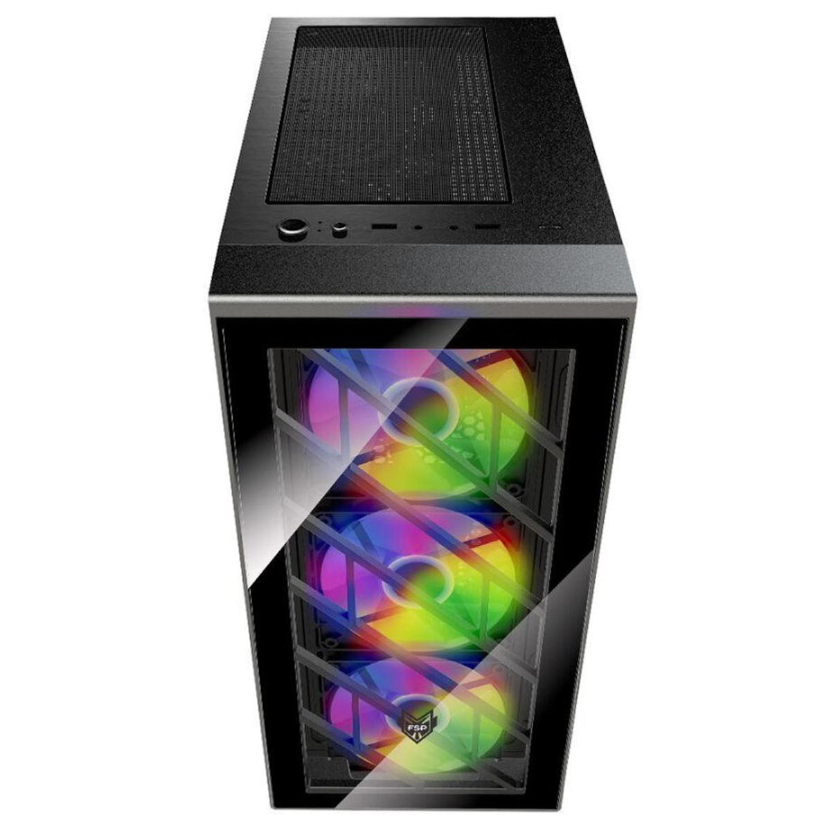 Schwarzes PC-Gehäuse mit Glasfront. Bunte LED-Lüfter sind durch die Front sichtbar. Oben hat es Lüftungsschlitze.