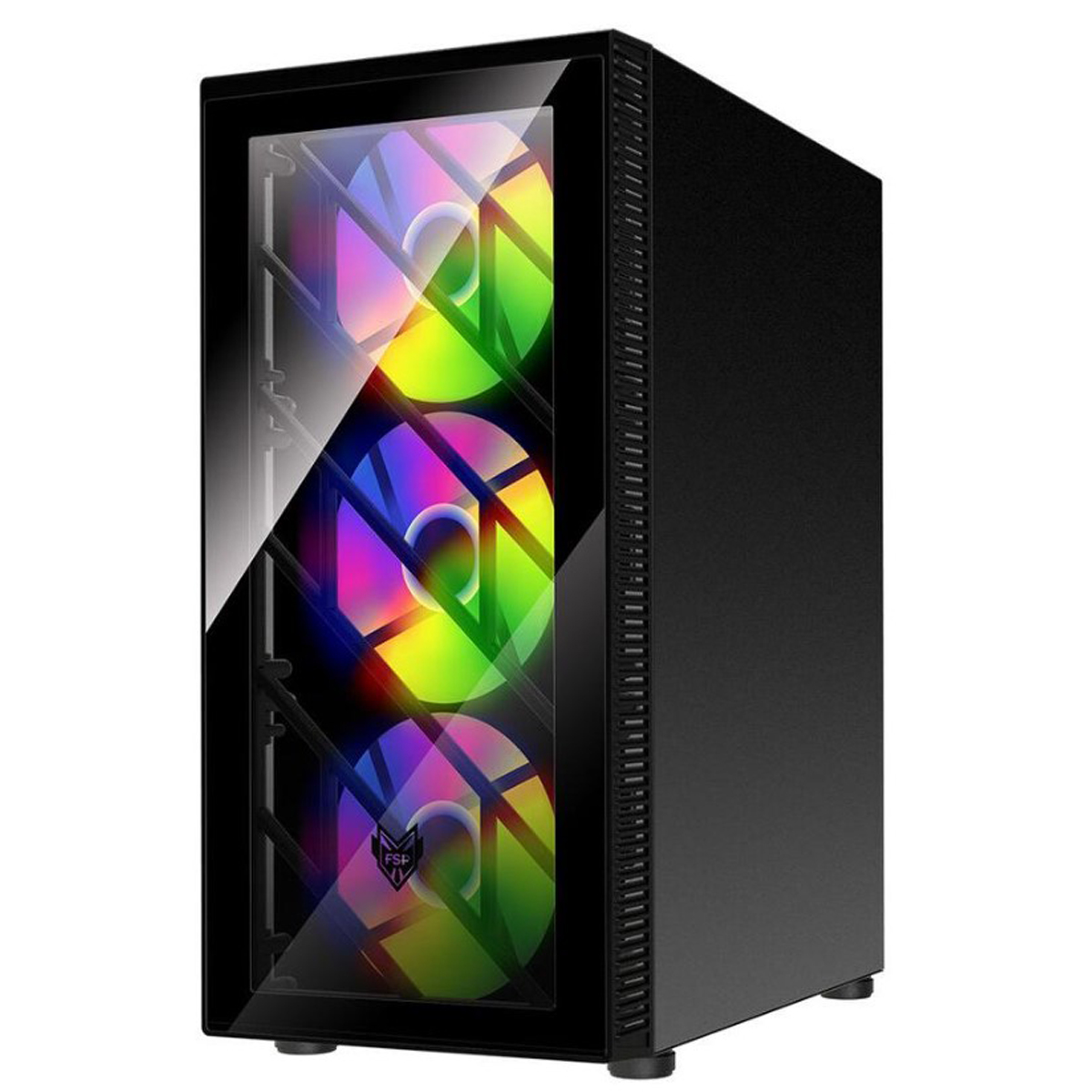 Ein schwarzes Computergehäuse mit einer durchsichtigen Seitenwand, die farbenfrohe Lüfter zeigt.