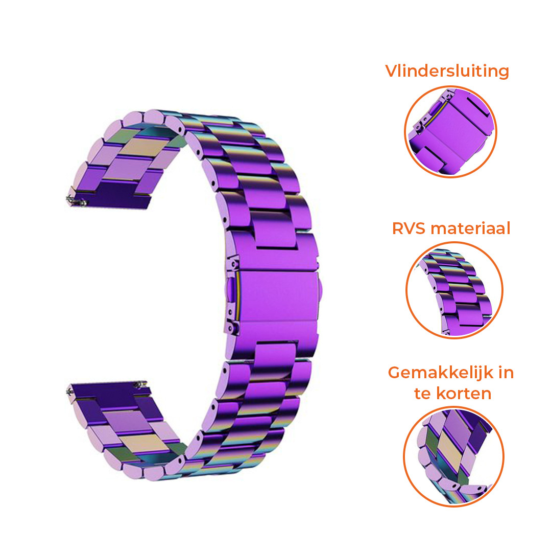 Ein lila Uhrenarmband mit metallischem Glanz. Das Band besteht aus verbundenen Gliedern.