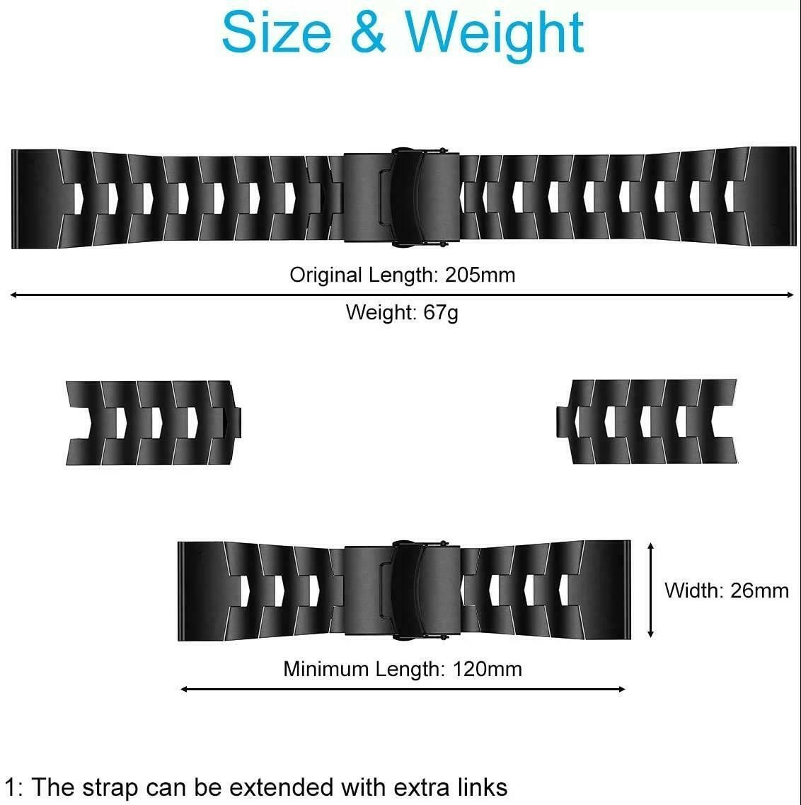 Schwarzes Uhrenarmband mit Größenangaben. Zeigt Originallänge, Gewicht, Mindestlänge und Breite. Weißer Hintergrund.