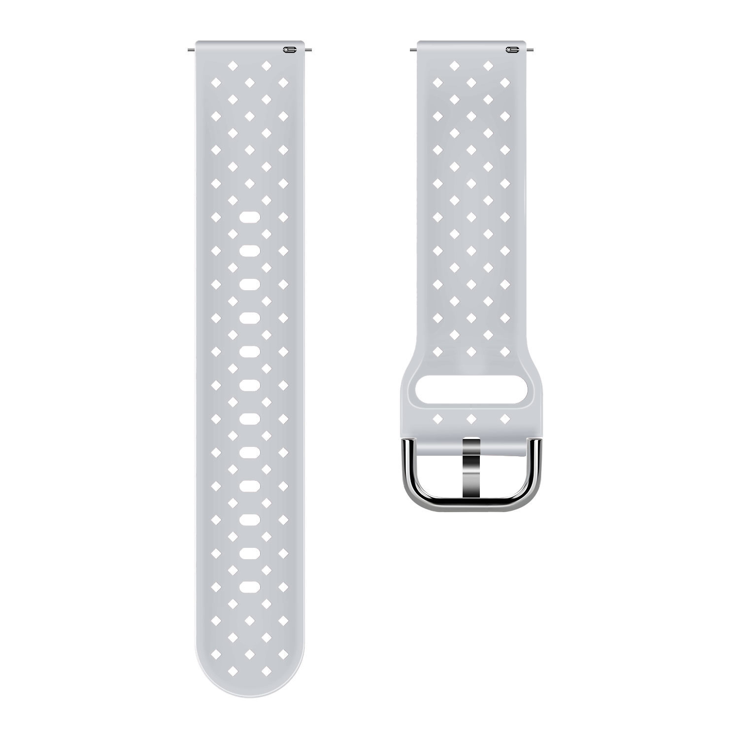 Zwei weiße Uhrenarmbänder, beide mit gepunktetem Muster, eines mit silberner Schnalle.