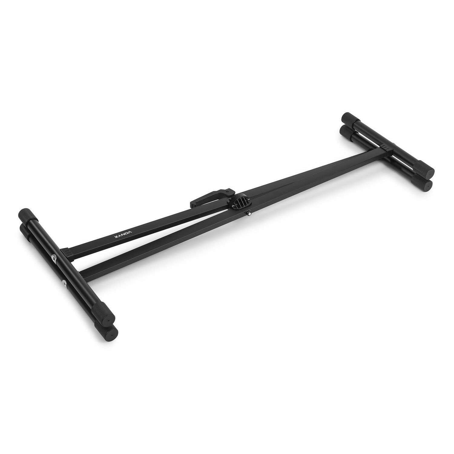Un soporte de metal negro para un teclado, plano. Está sobre una superficie blanca.