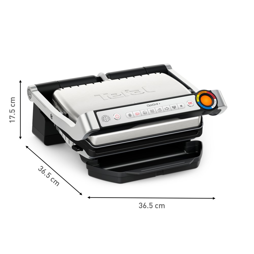 Ein silberner Tefal OptiGrill+ mit Größenangaben. Geschlossen, mit schwarzer Basis und Bedienfeld.