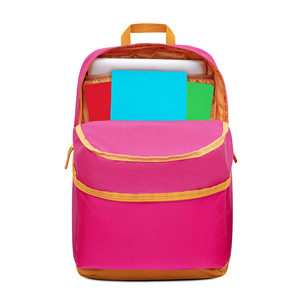 Rosa Rucksack mit gelben Akzenten. Offen, mit Laptop und bunten Notizbüchern.