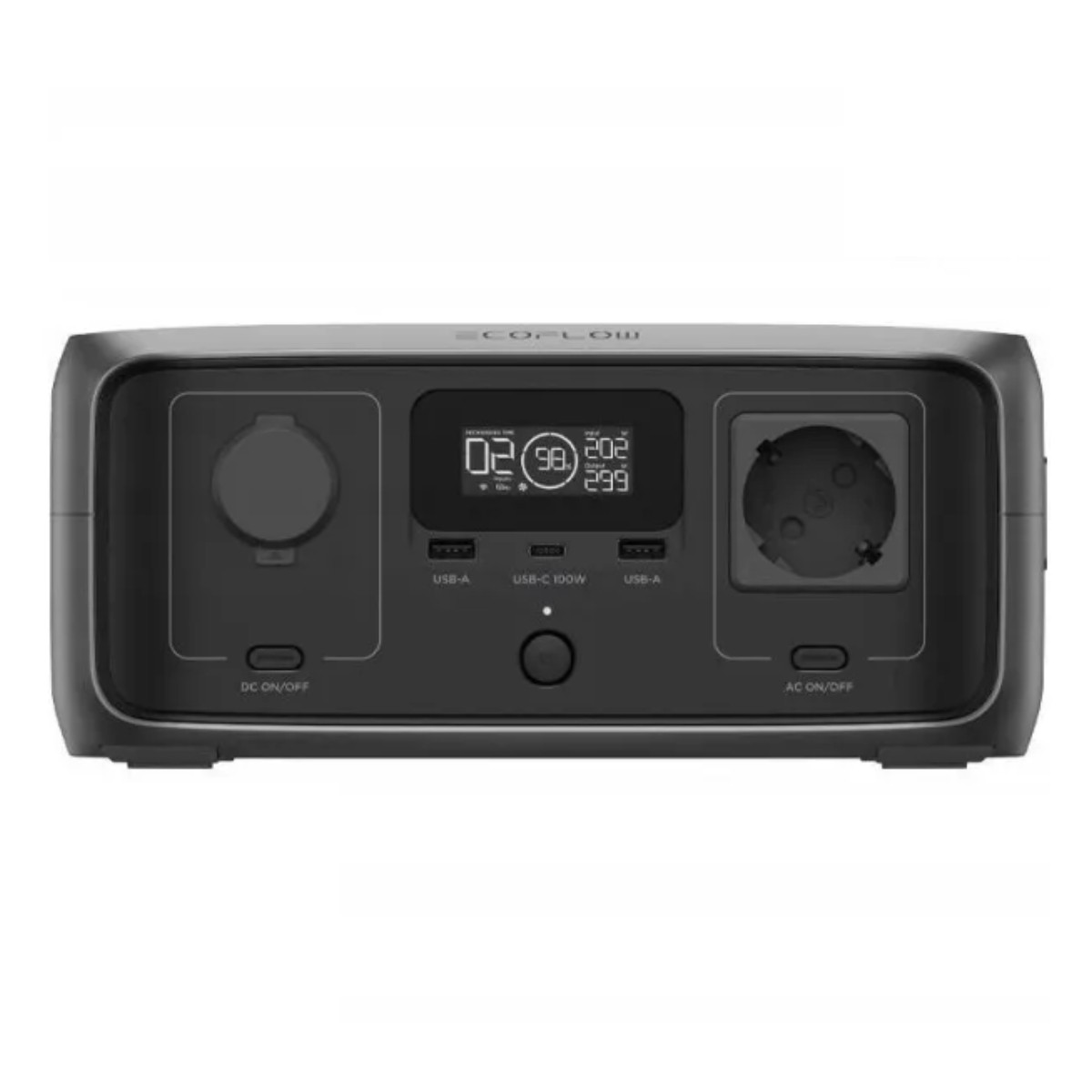 Czarna stacja zasilania z portami USB i AC oraz cyfrowym wyświetlaczem z czasem.