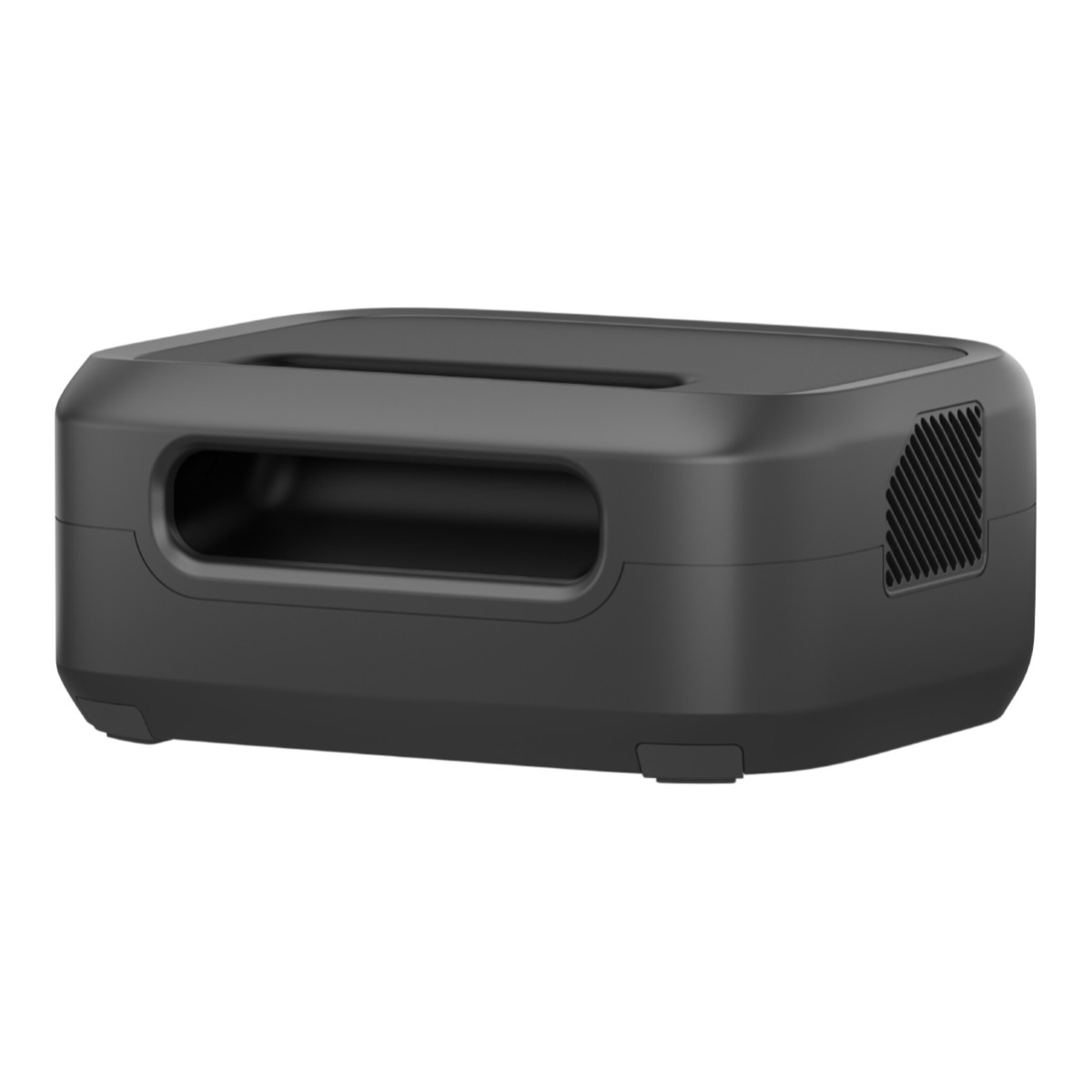 Czarne prostokątne urządzenie z uchwytem, prawdopodobnie stacja zasilania, z wentylacją.