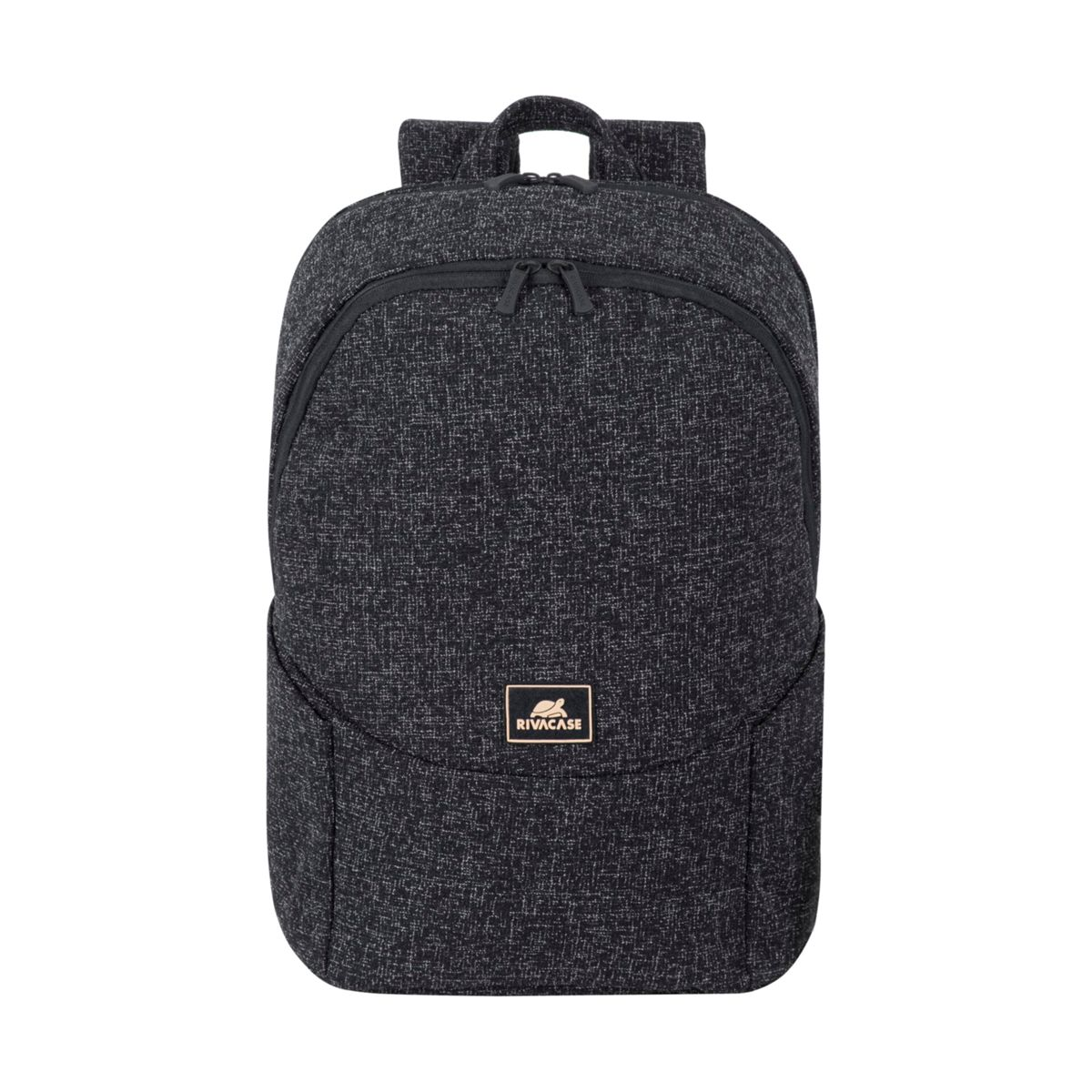 Mochila negra con un patrón sutil y un pequeño logotipo de Rivacase. Bolsillo frontal con cremallera.