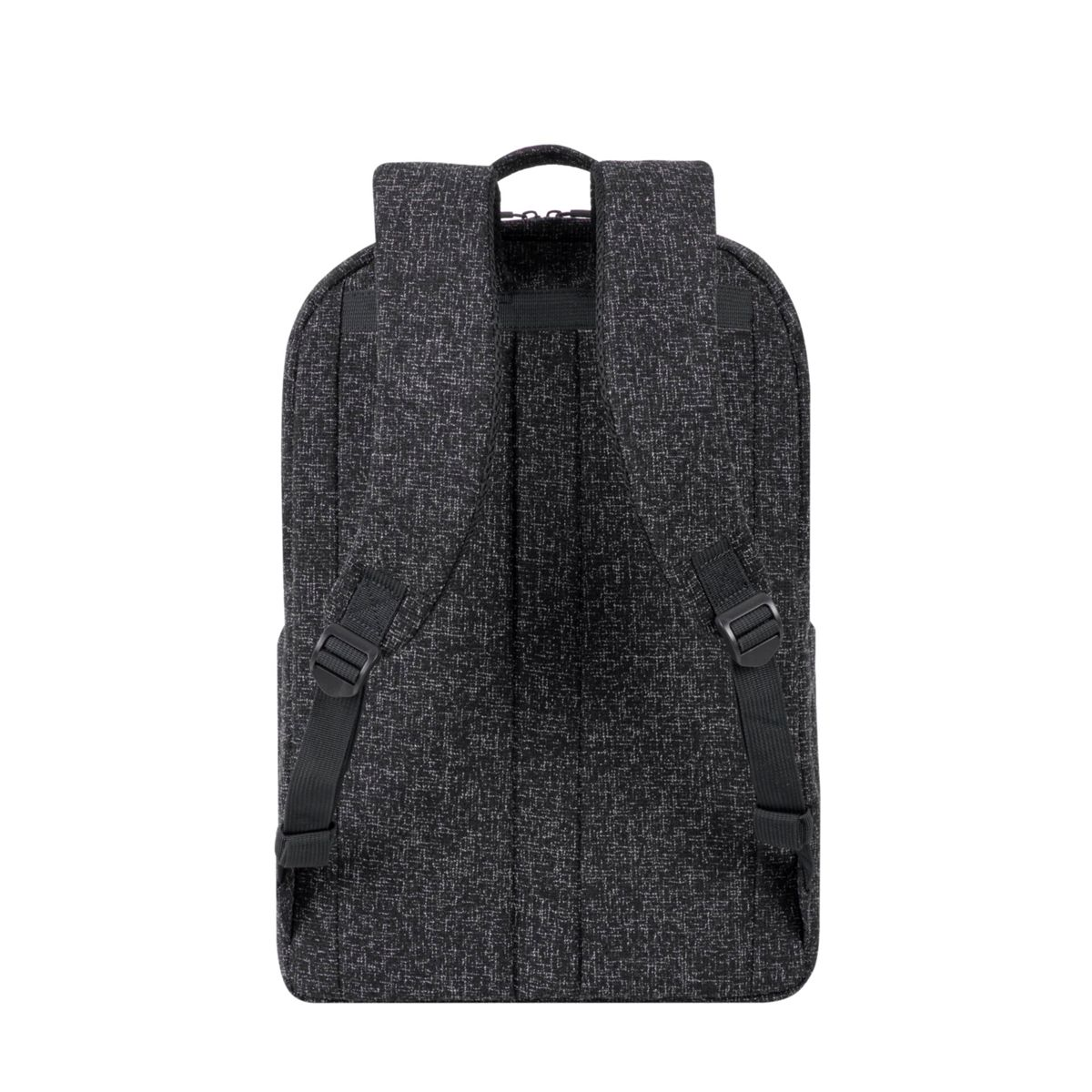 Vista trasera de una mochila negra con tejido texturizado, correas y hebillas ajustables.