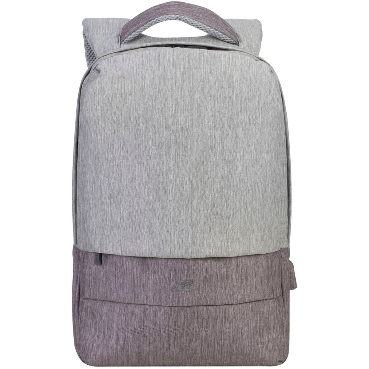 Zaino grigio e marrone con fronte grigio. Ha una maniglia superiore e una cerniera.