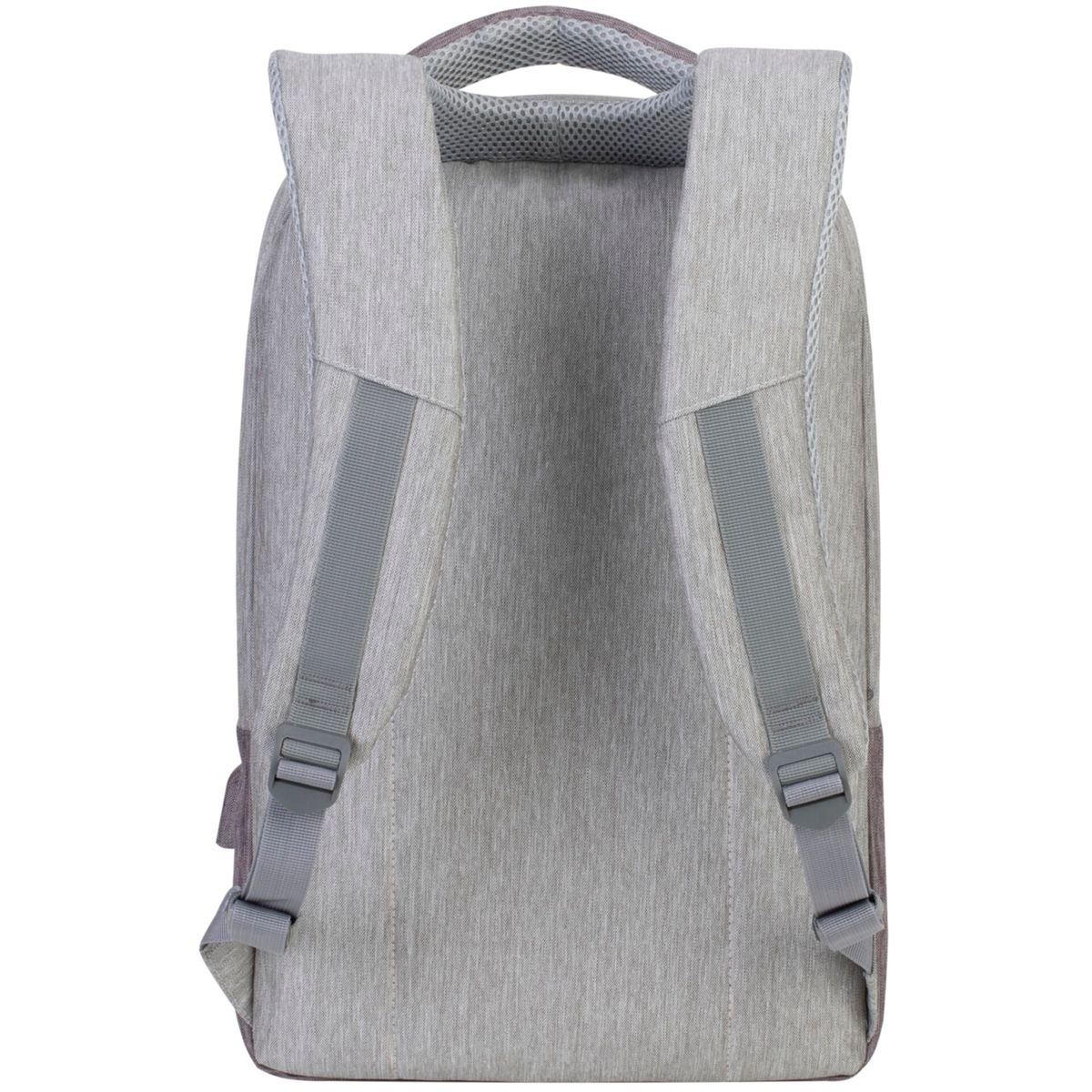 Vista posteriore di uno zaino grigio con spallacci e maniglia. Il design è minimalista.