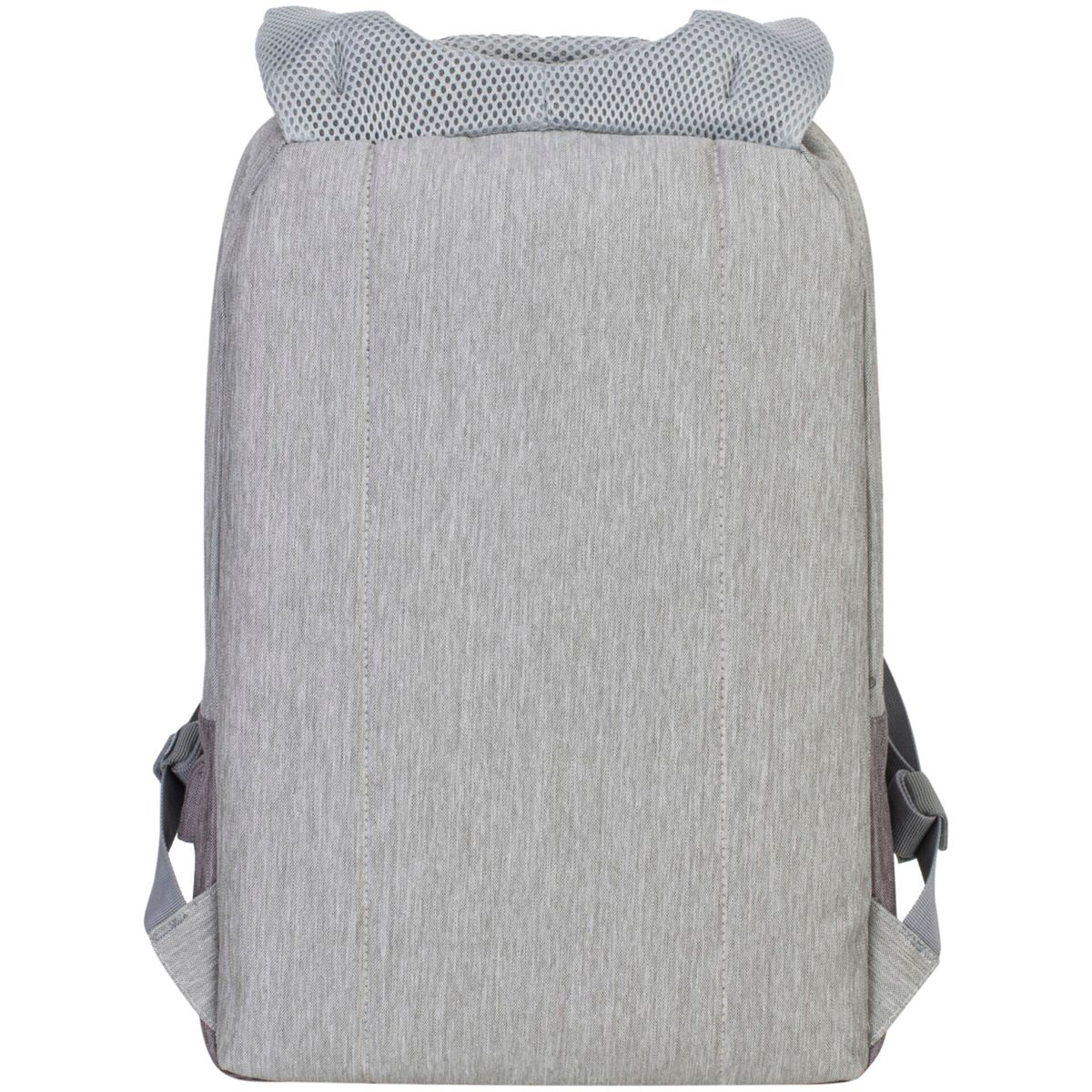 Zaino grigio chiaro con cinghie grigie e rete nella parte superiore.