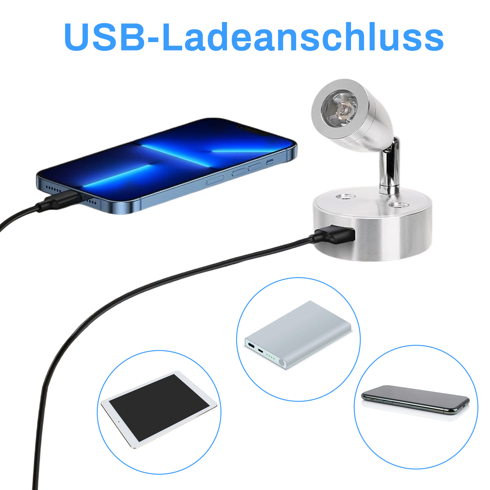 Ein Telefon, Tablet und Powerbank, die von einem USB-Licht geladen werden, mit blauem Text.