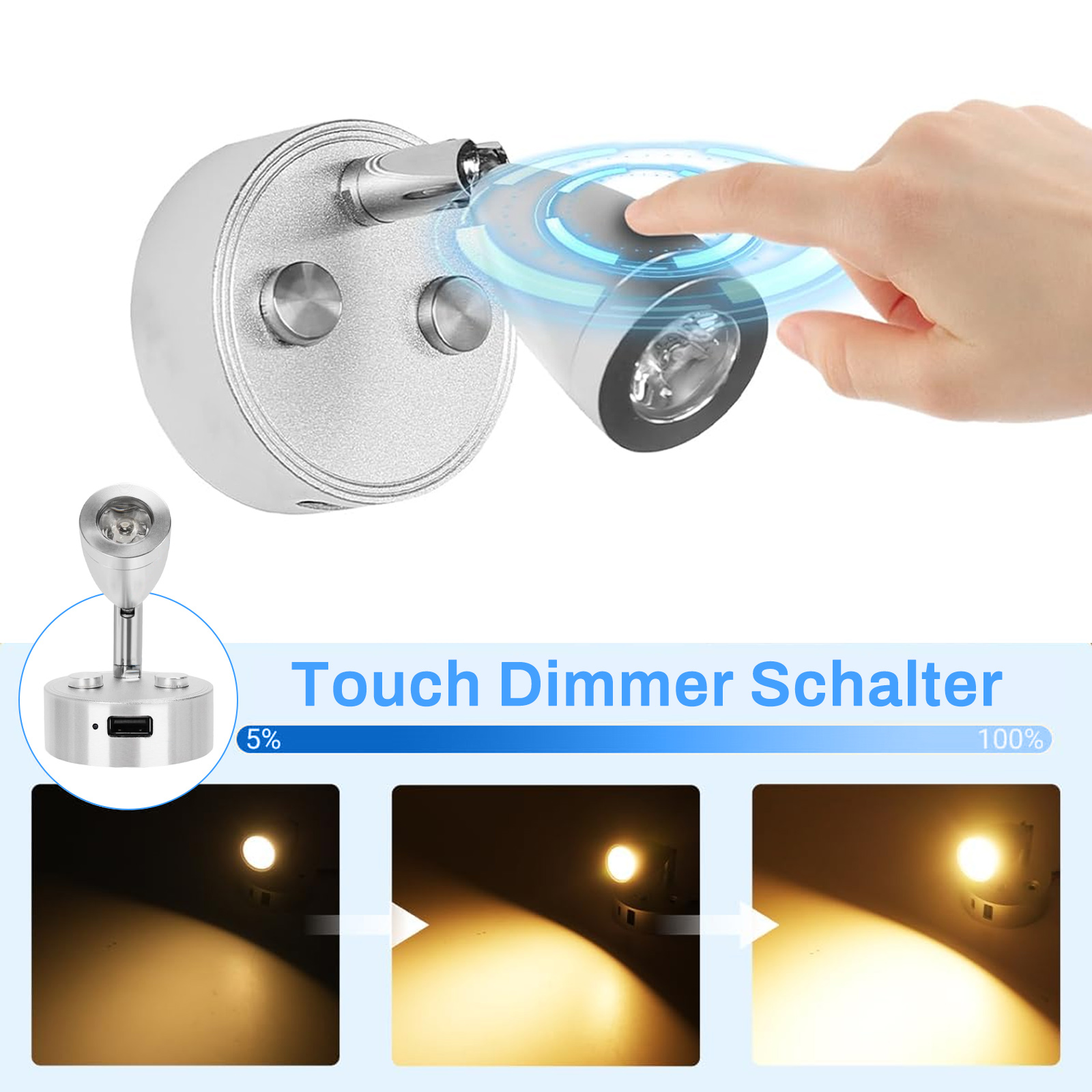 Wandlampe mit Touch-Dimmer-Funktion. Hand berührt die Lampe, zeigt die Dimmstufen von 5% bis 100%.