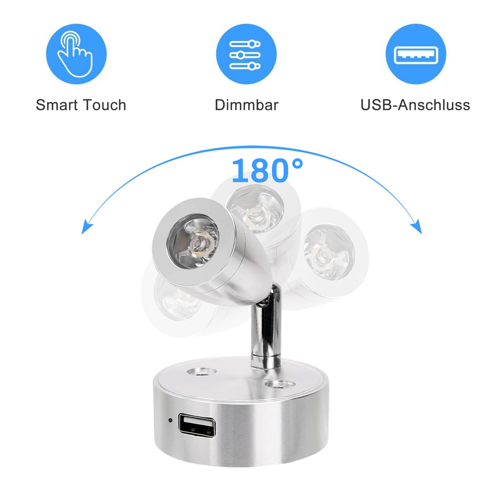 Ein silbernes Licht mit Touch-Steuerung, dimmbar und USB-Anschluss, zeigt die Verstellbarkeit.