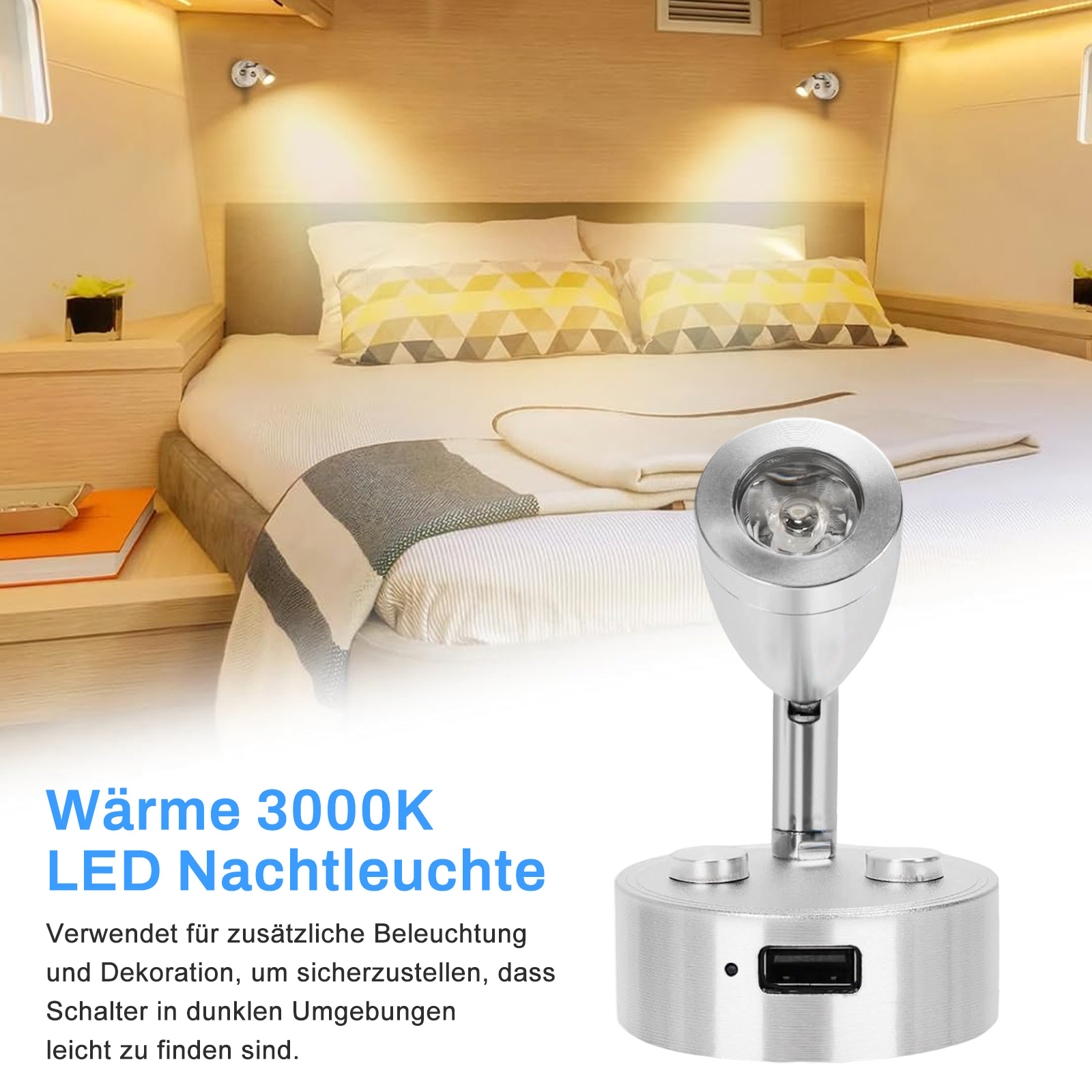 Nachttischlampe mit USB-Anschluss. Text: 'Wärme 3000K LED Nachtleuchte'. Zwei weitere Lichter im Hintergrund.