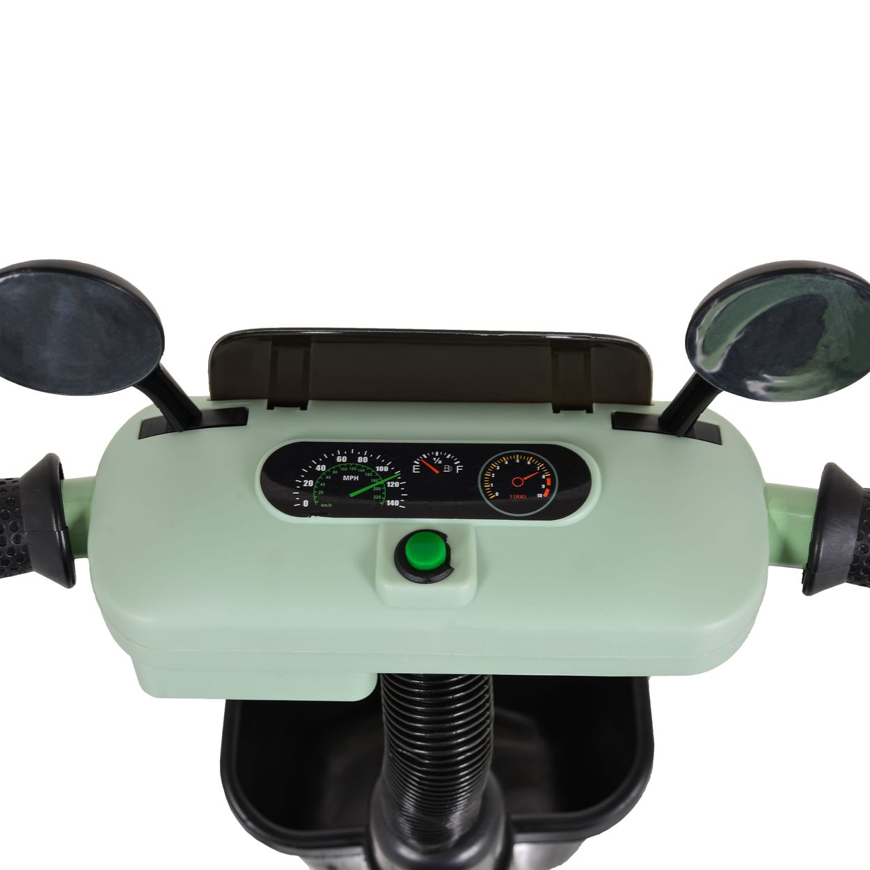 Mintgrünes Roller-Armaturenbrett mit Tachometer, Spiegeln und schwarzen Lenkern.